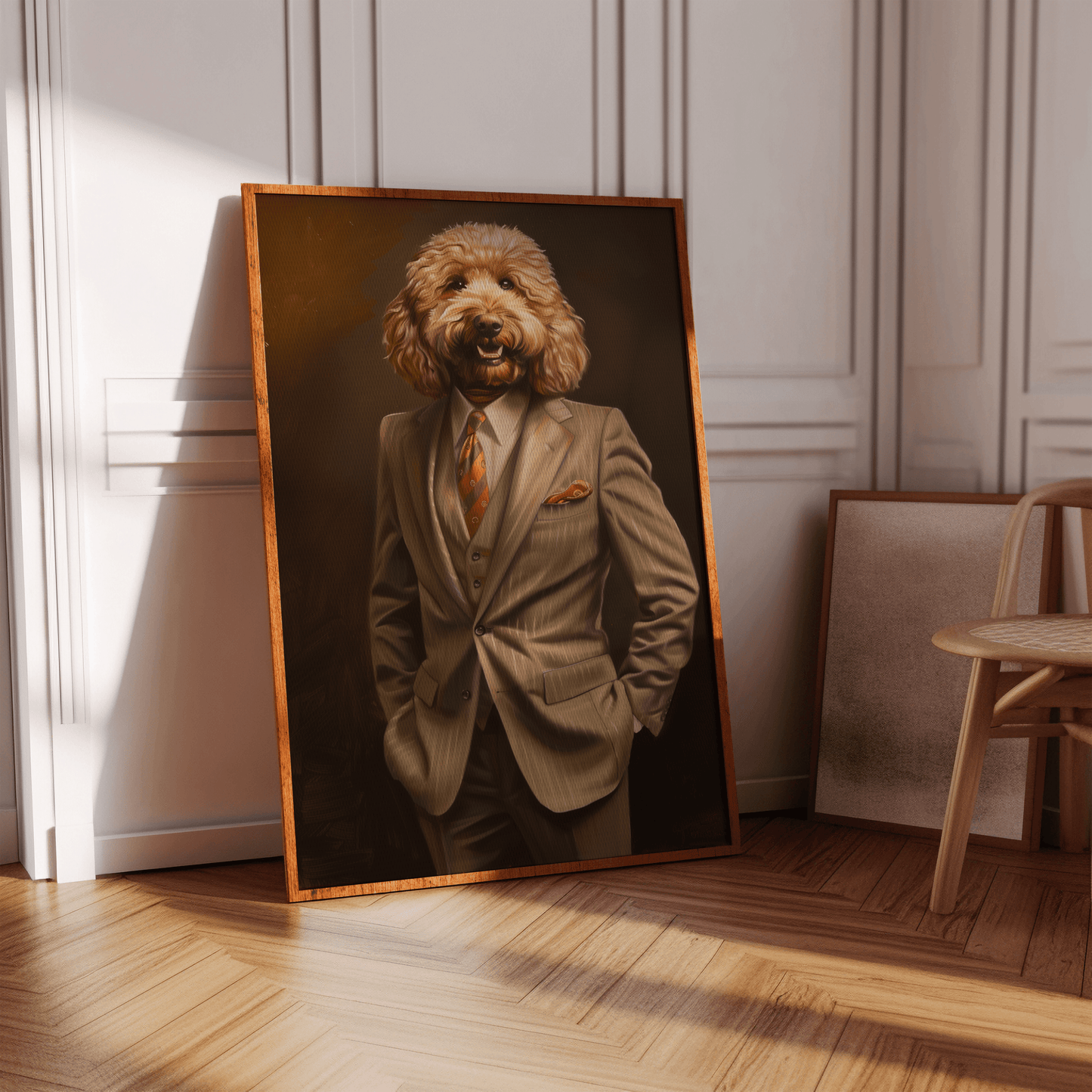 Framed poster of a poodle wearing a full suit, in a white Victorian hallway in view of natural sunlight. - Paw Prints