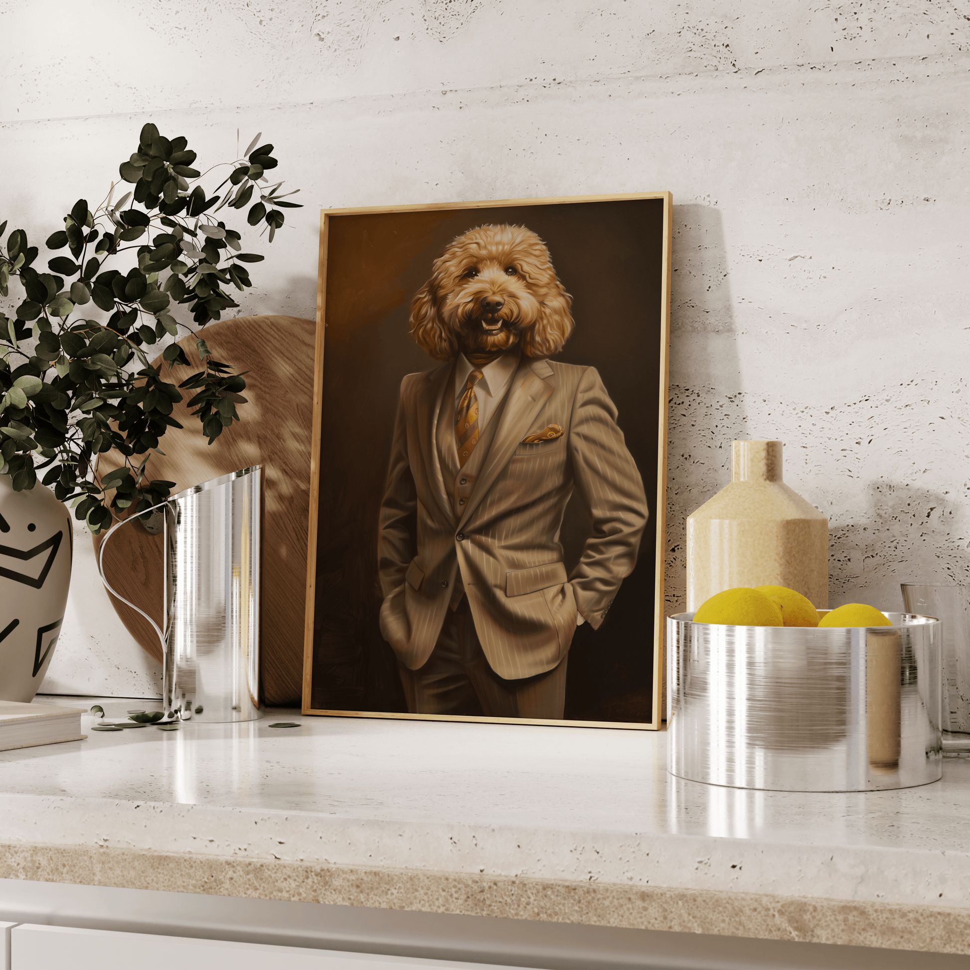 Framed poster of a poodle wearing a full suit, leaning against the kitchen counter. - Paw Prints