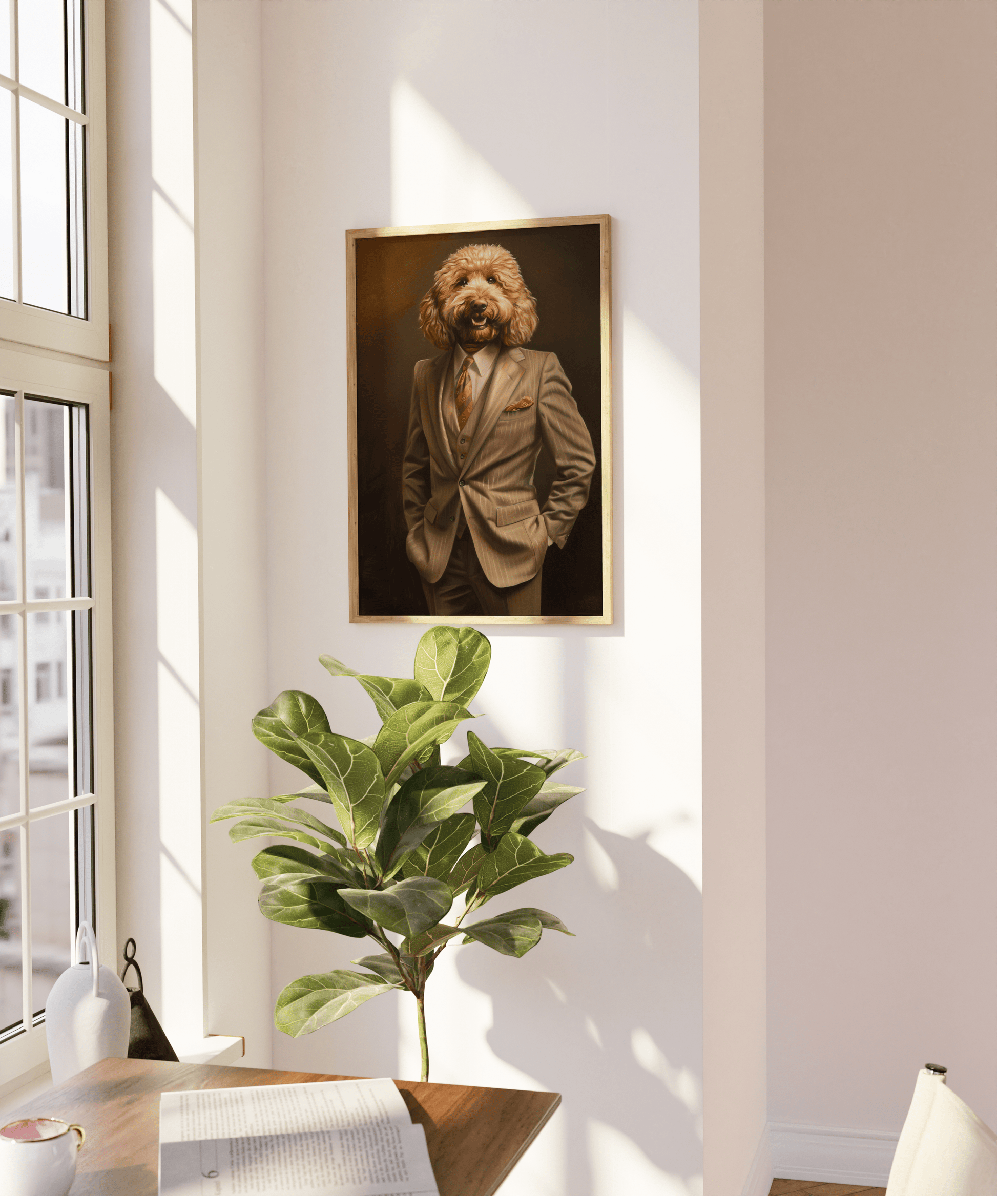 Framed poster of a poodle wearing a full suit, on a blank wall. - Paw Prints