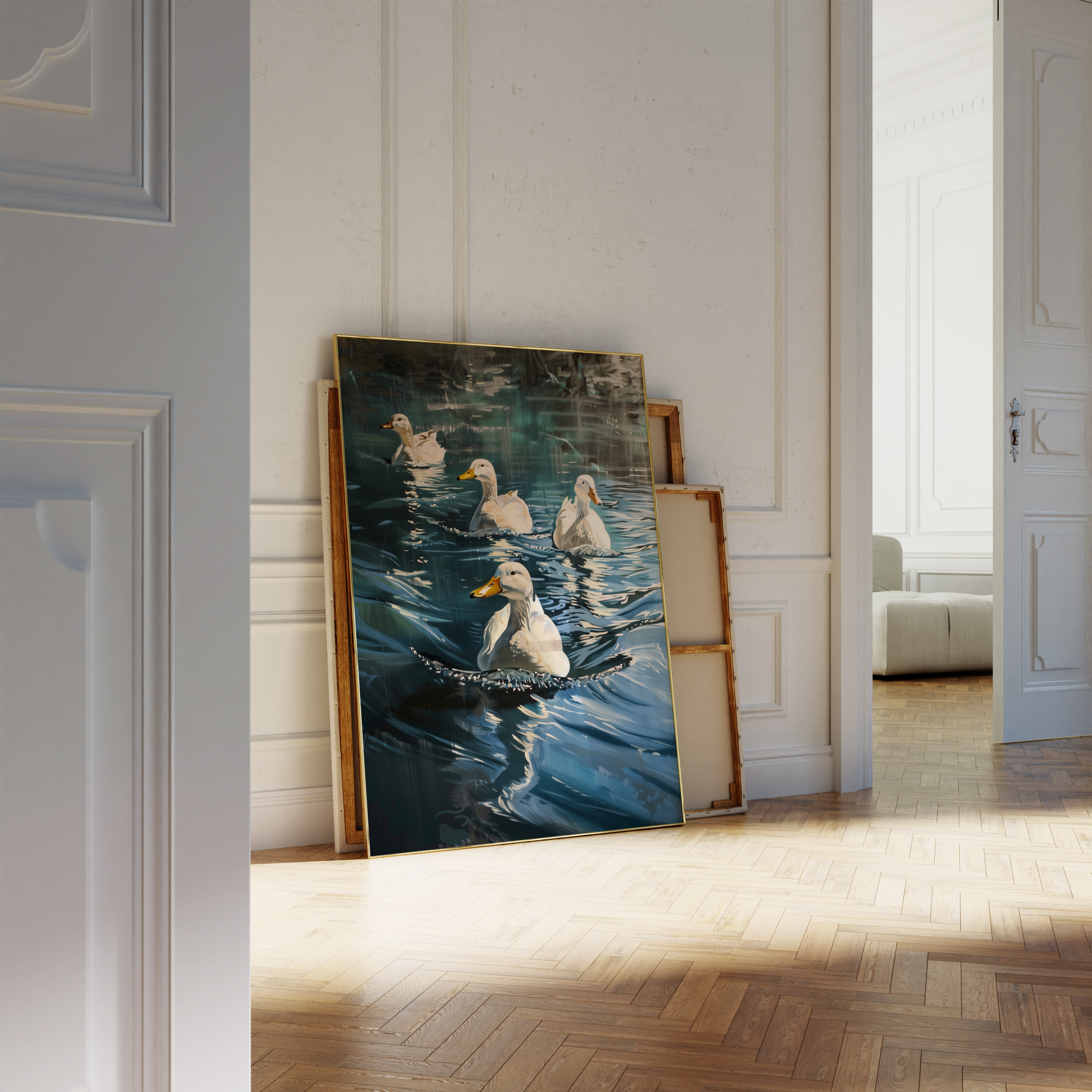 Painting of four Pekin ducks swimming in a blue lake, leaning against a white bathroom wall - Paw Prints