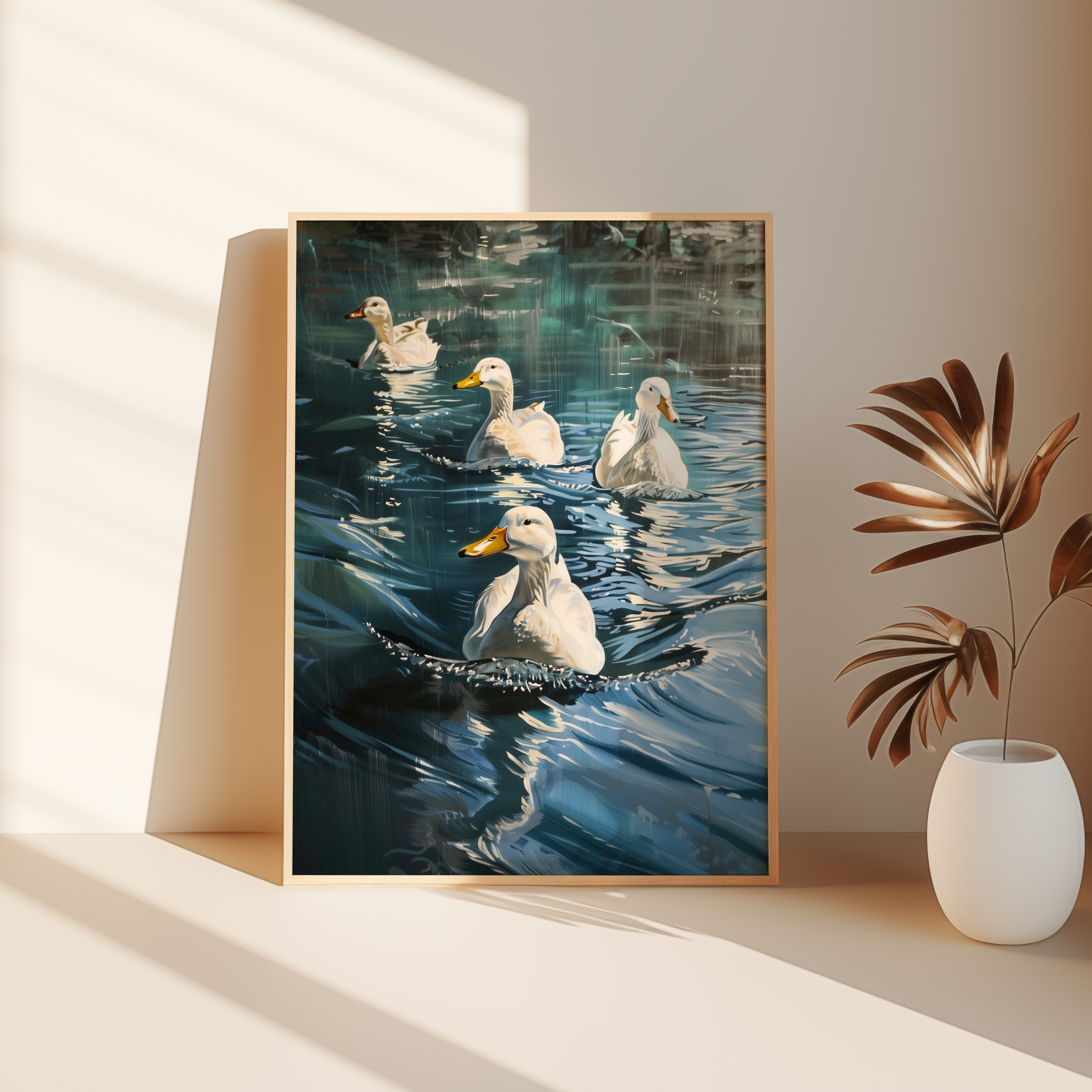 Painting of four Pekin ducks swimming in a blue lake, leaning against the bedroom floor - Paw Prints