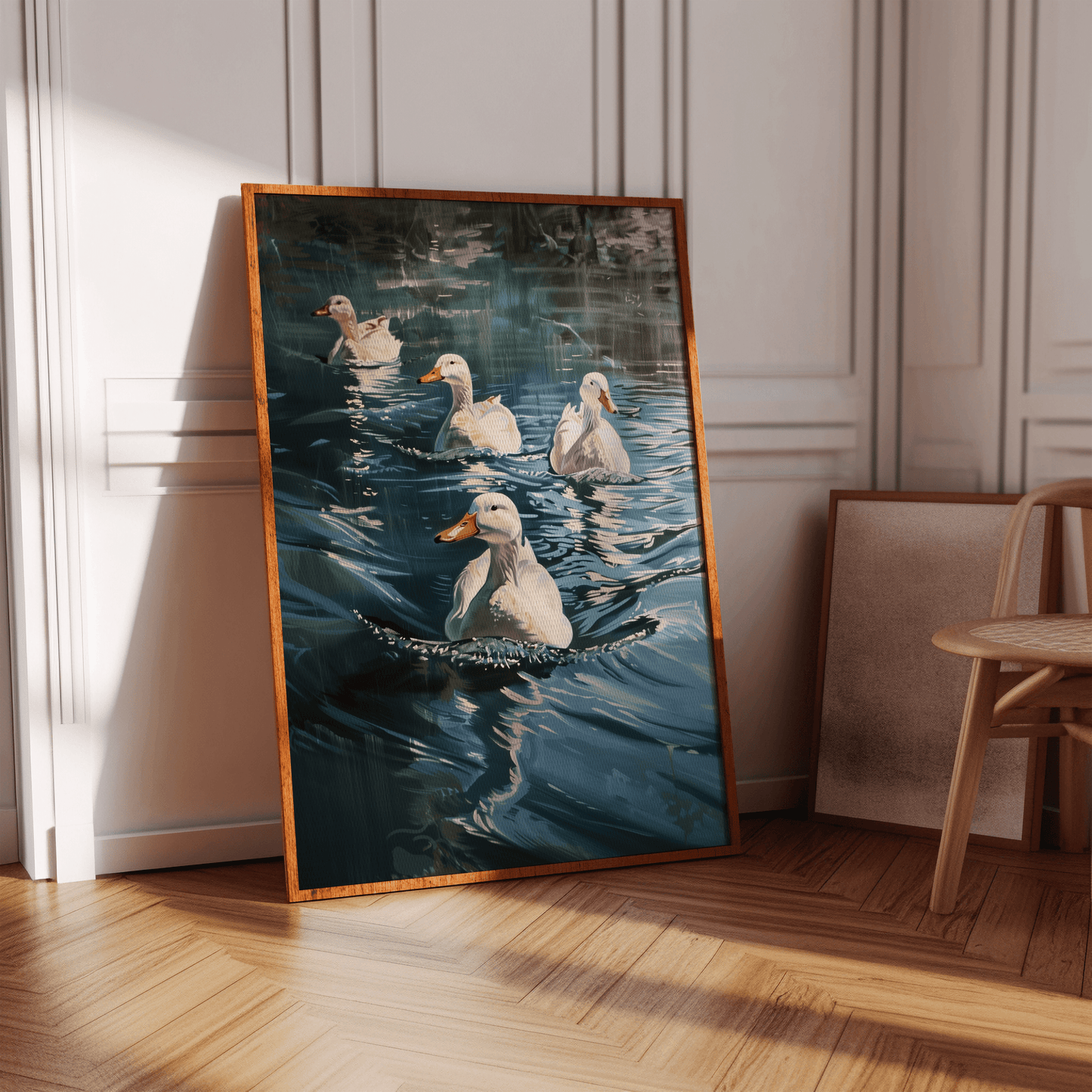 Painting of four Pekin ducks swimming in a blue lake, on a blank wall - Paw Prints