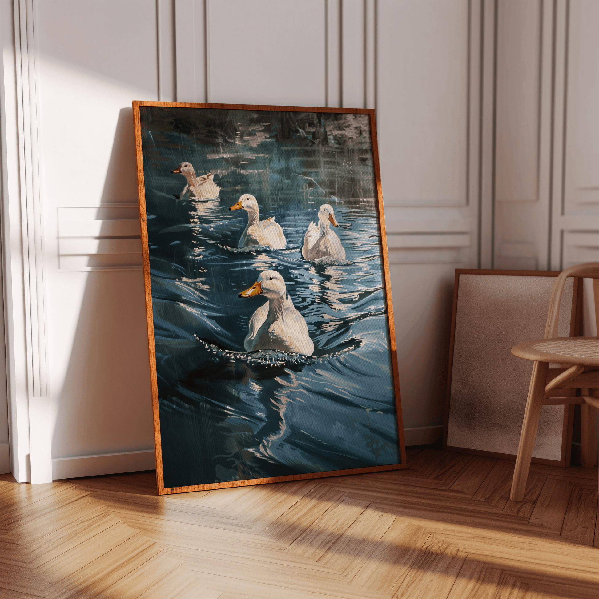 Painting of four Pekin ducks swimming in a blue lake, on a blank wall - Paw Prints