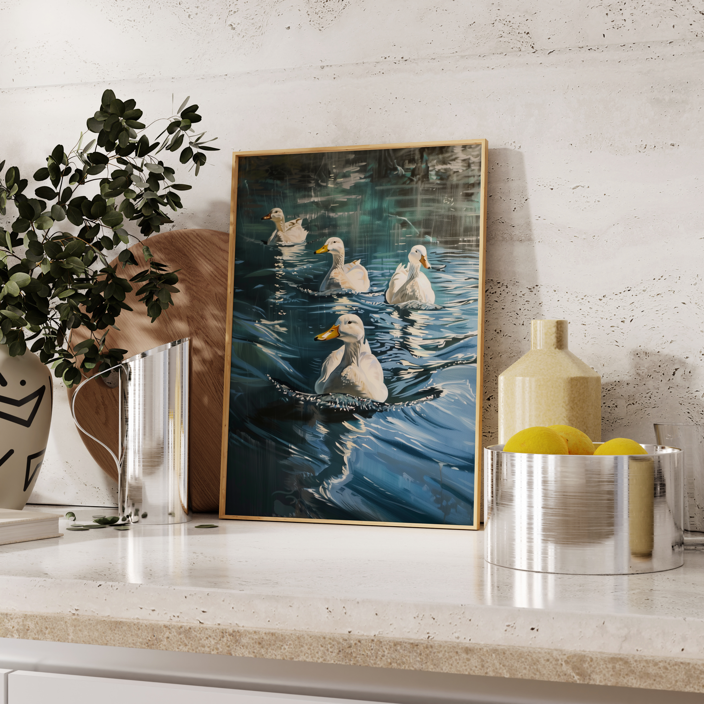 Painting of four Pekin ducks swimming in a blue lake, leaning against the kitchen counter - Paw Prints