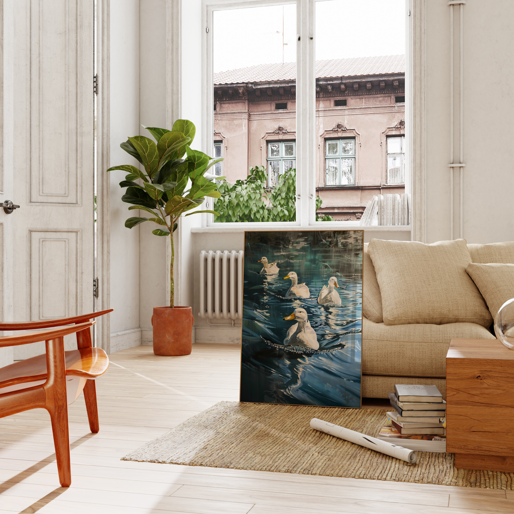 Painting of four Pekin ducks swimming in a blue lake, leaning on a couch in the living room - Paw Prints