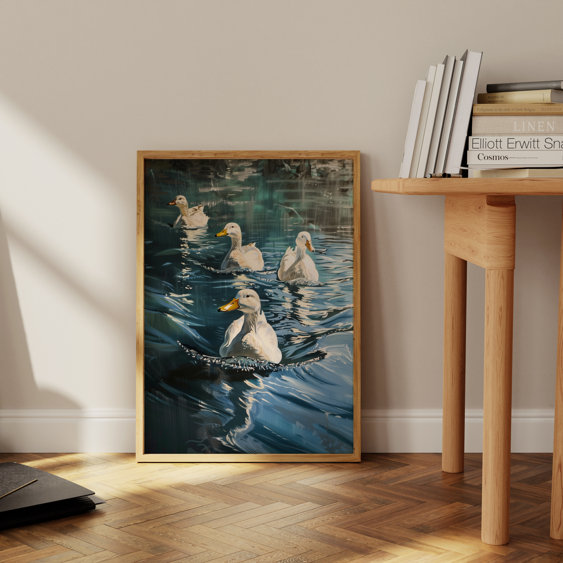 Painting of four Pekin ducks swimming in a blue lake, leaning against the office wall - Paw Prints