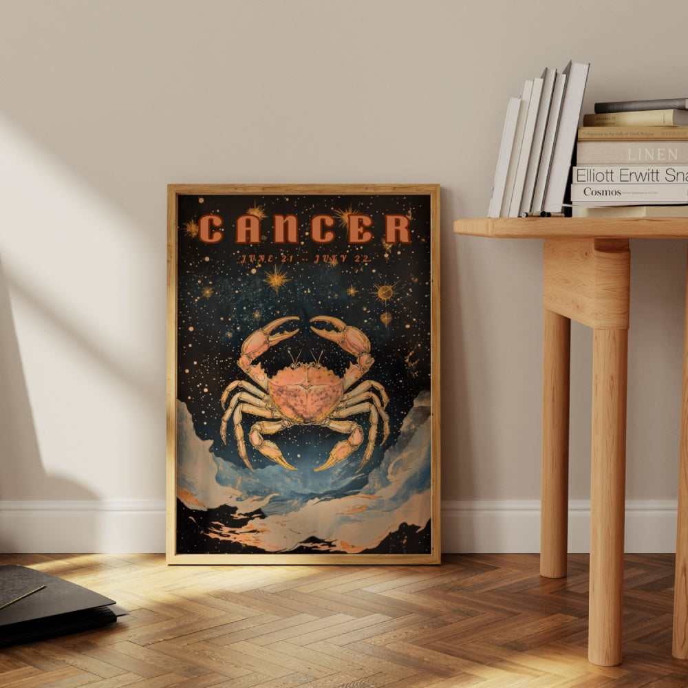 "Cancer", a vintage astrology poster, featuring a crab in the middle of the universe