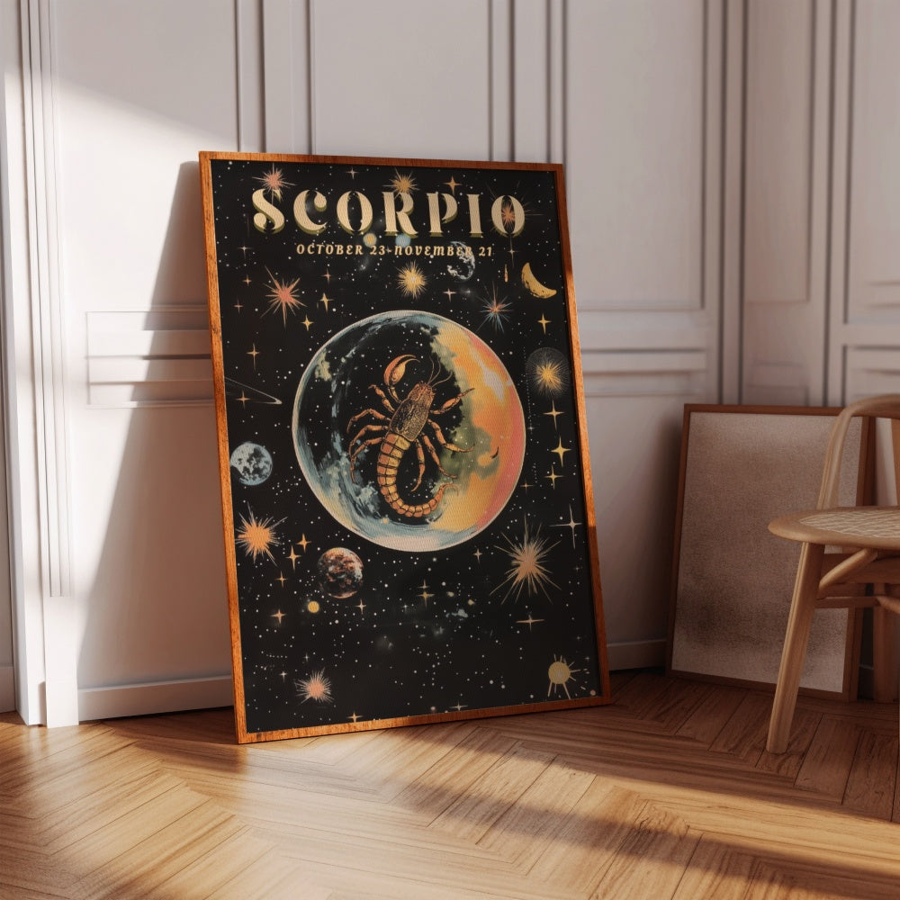 "Scorpio", a vintage astrology poster, featuring a black scorpion inside of a bubble in the shiny stars of the universe