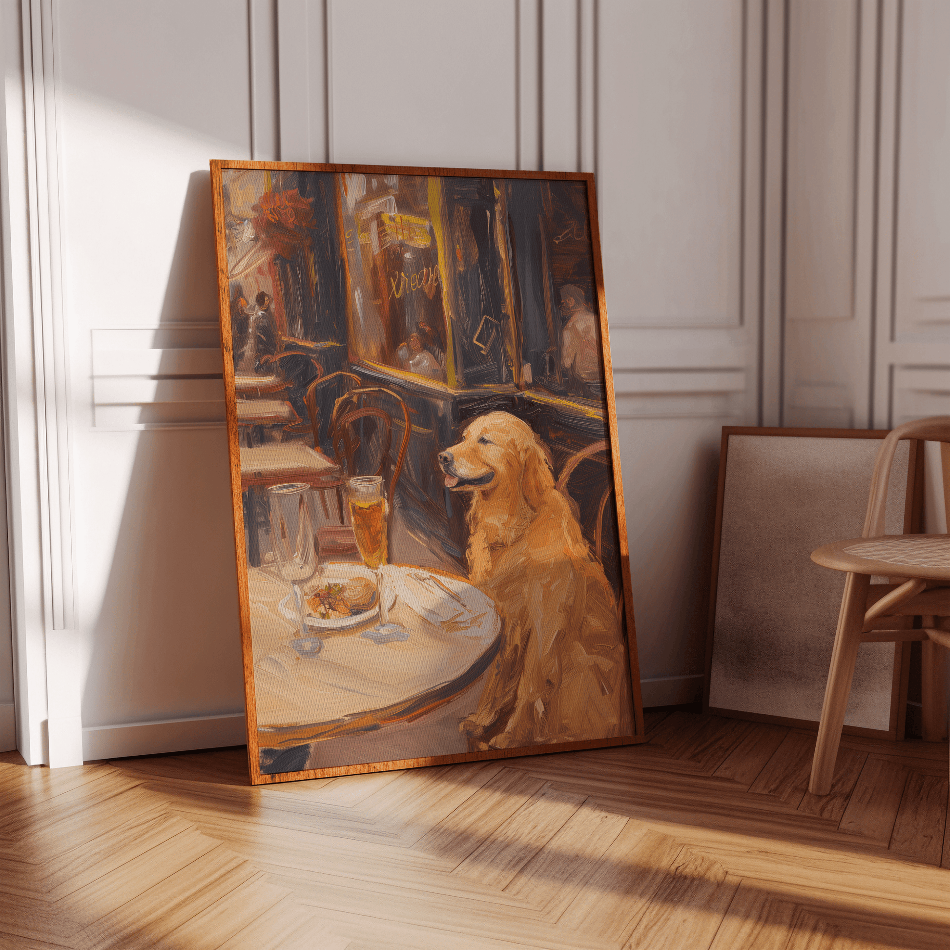 Impressionist painting of a golden retriever drinking wine and eating baguette in a Parisian brasserie, in a hallway. 