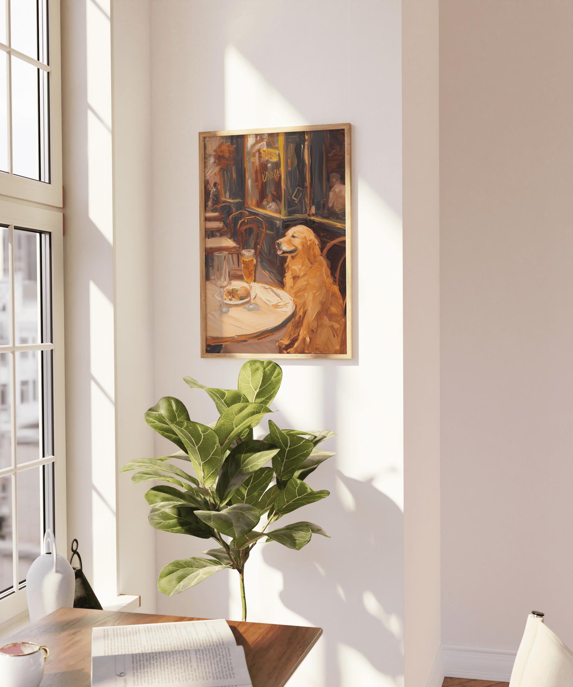 Impressionist painting of a golden retriever drinking wine in a Parisian brasserie, on a blank wall. 
