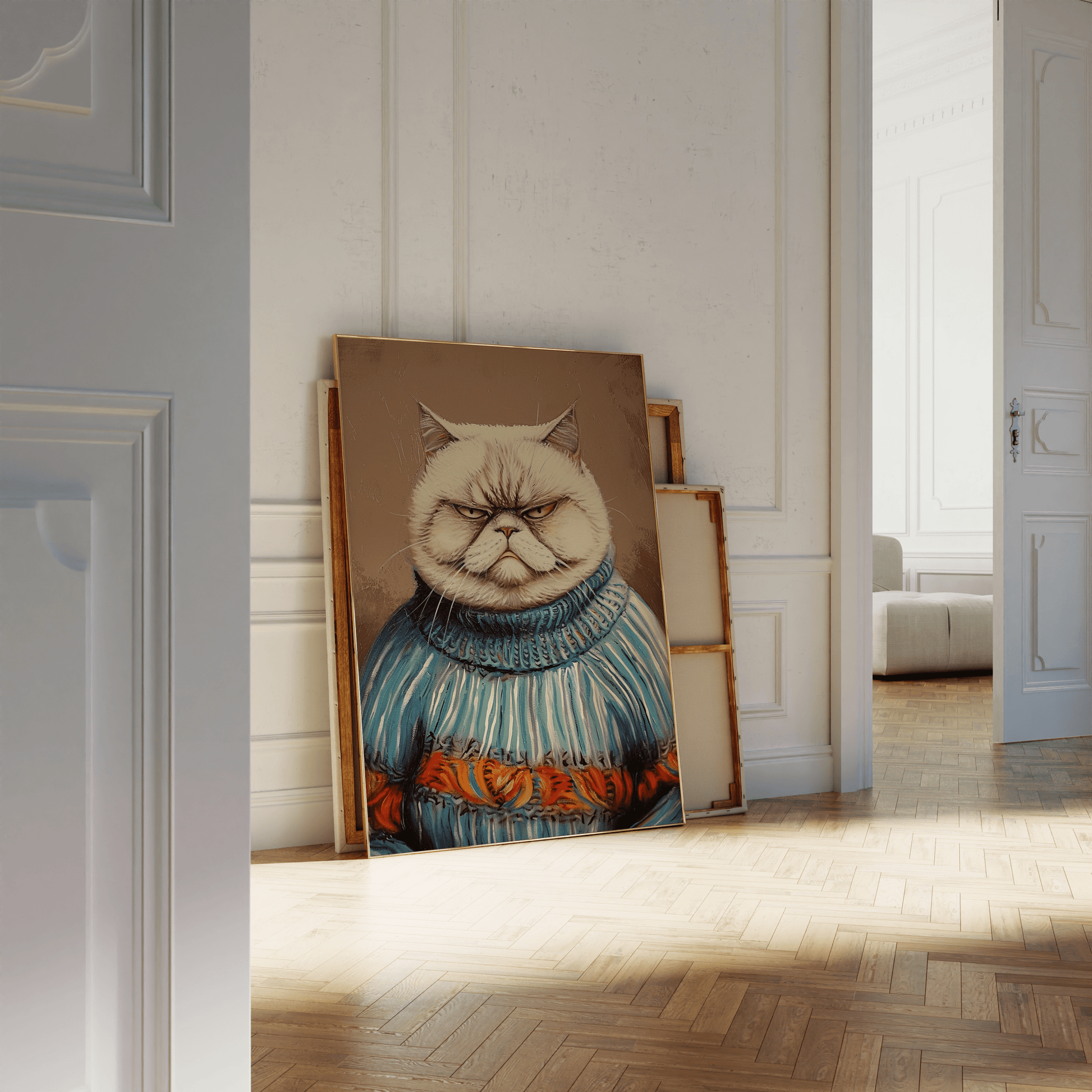 Portrait of a grumpy cat wearing an ugly Christmas sweater poster, leaning against a white bathroom wall - Paw Prints