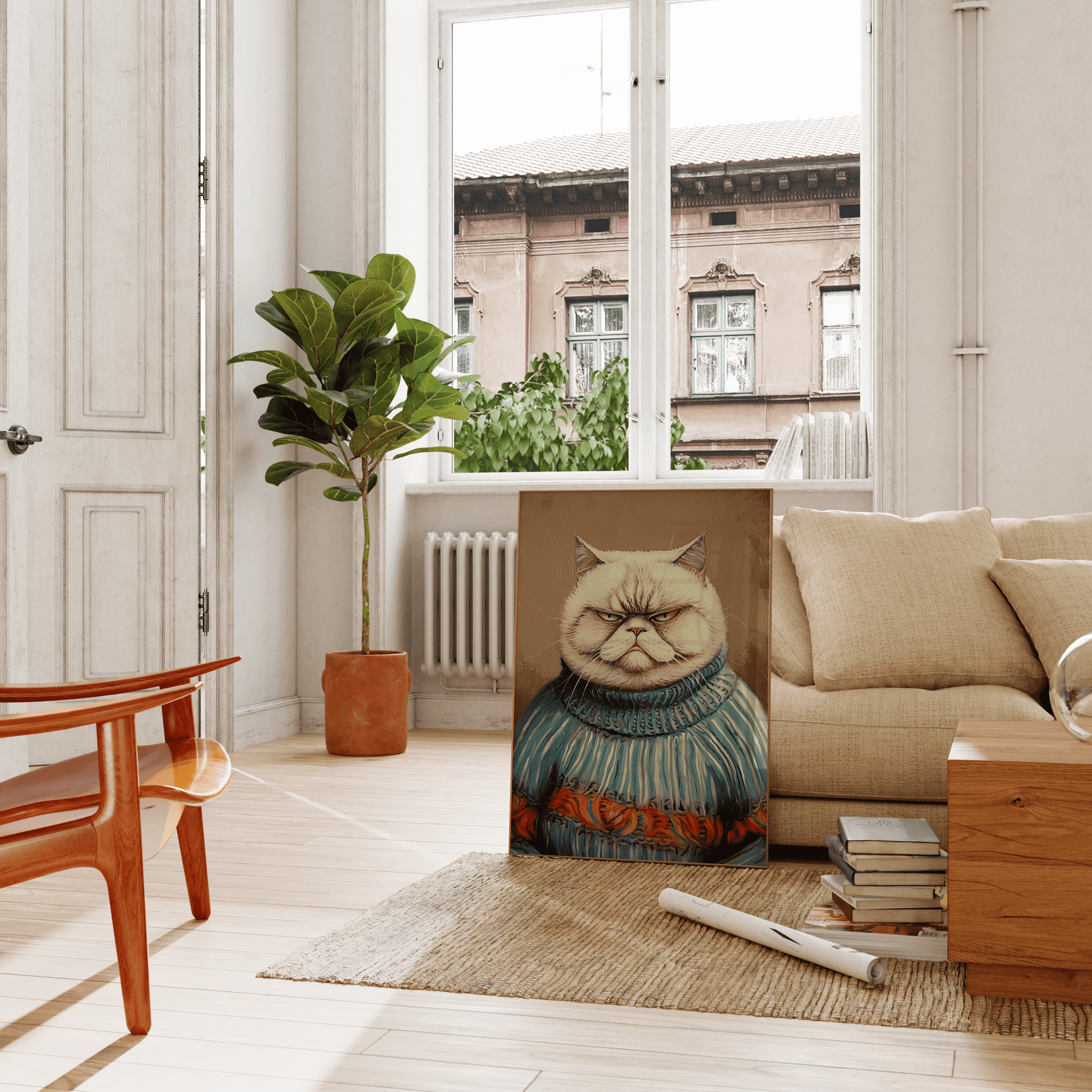 Portrait of a grumpy cat wearing an ugly Christmas sweater poster, leaning on a couch in the living room - Paw Prints
