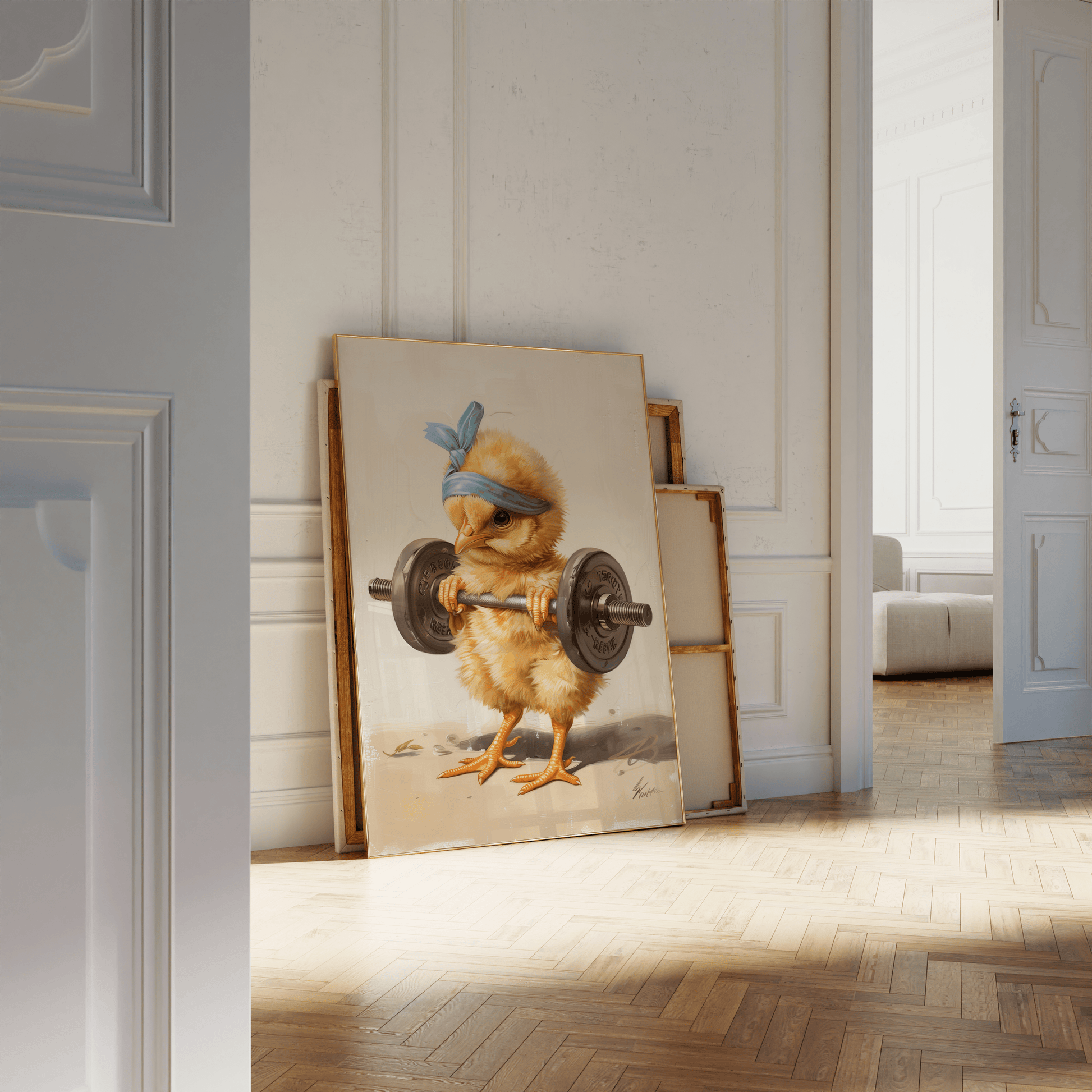 Poster of a baby chicken lifting a barbell, wearing a blue headband, leaning against a white bathroom wall - Paw Prints