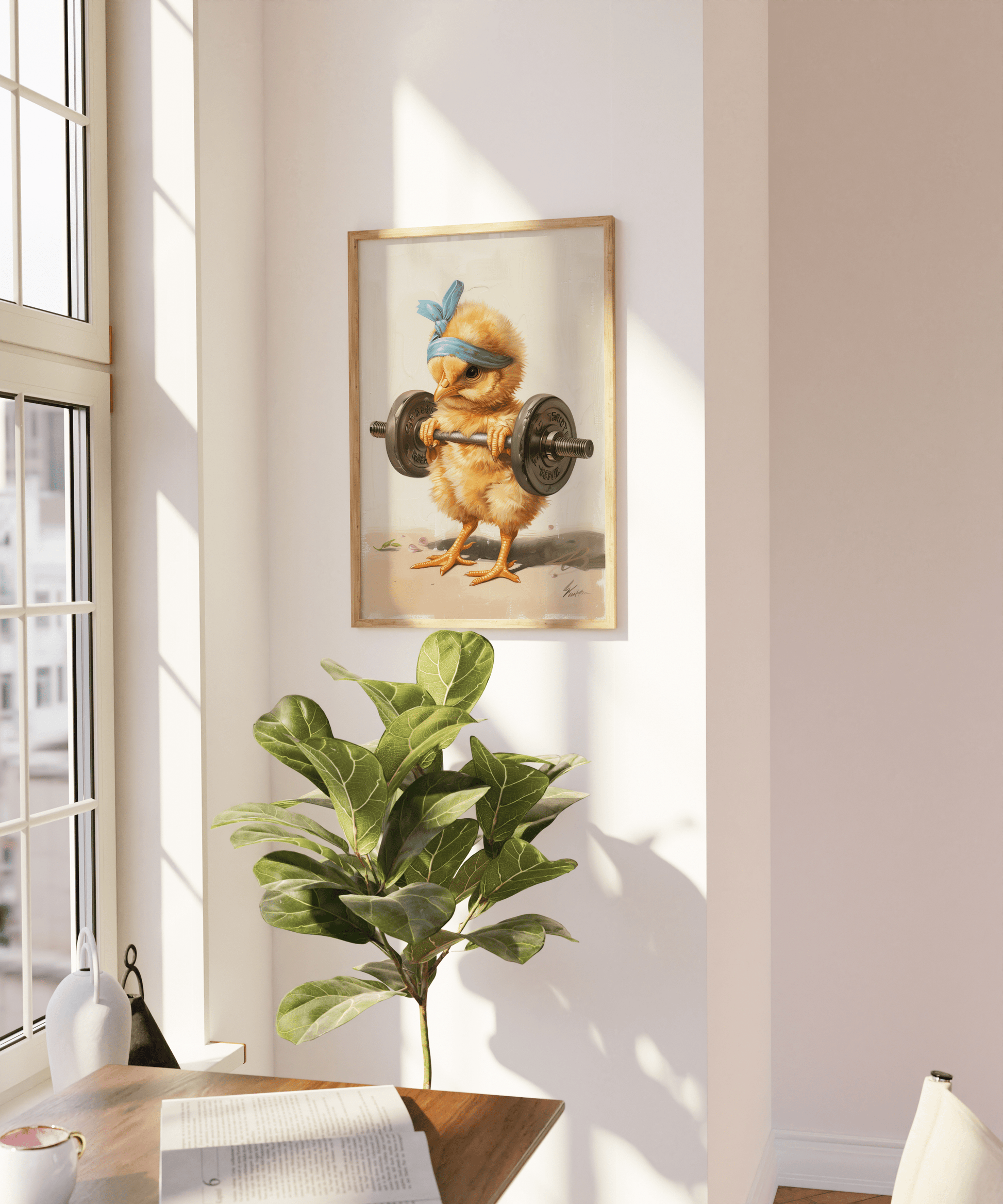 Poster of a baby chicken lifting a barbell, wearing a blue headband, on a blank wall - Paw Prints