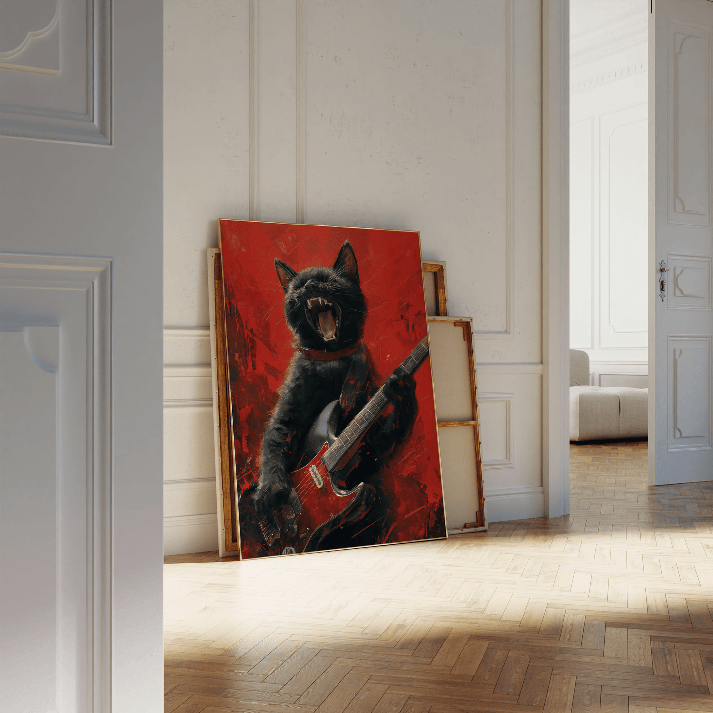 Painting of a black cat playing an electric guitar with a red background, leaning against a white bathroom wall - Paw Prints