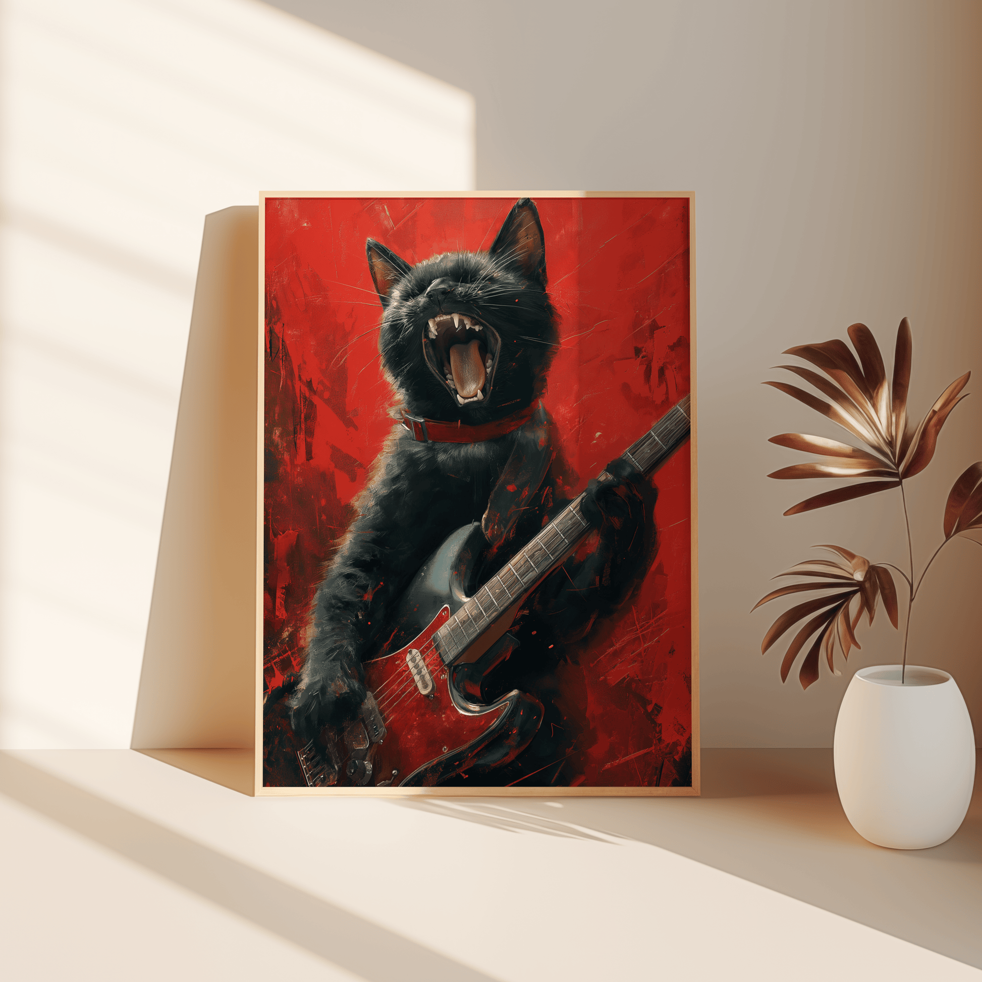 Painting of a black cat playing an electric guitar with a red background, leaning against the bedroom floor - Paw Prints