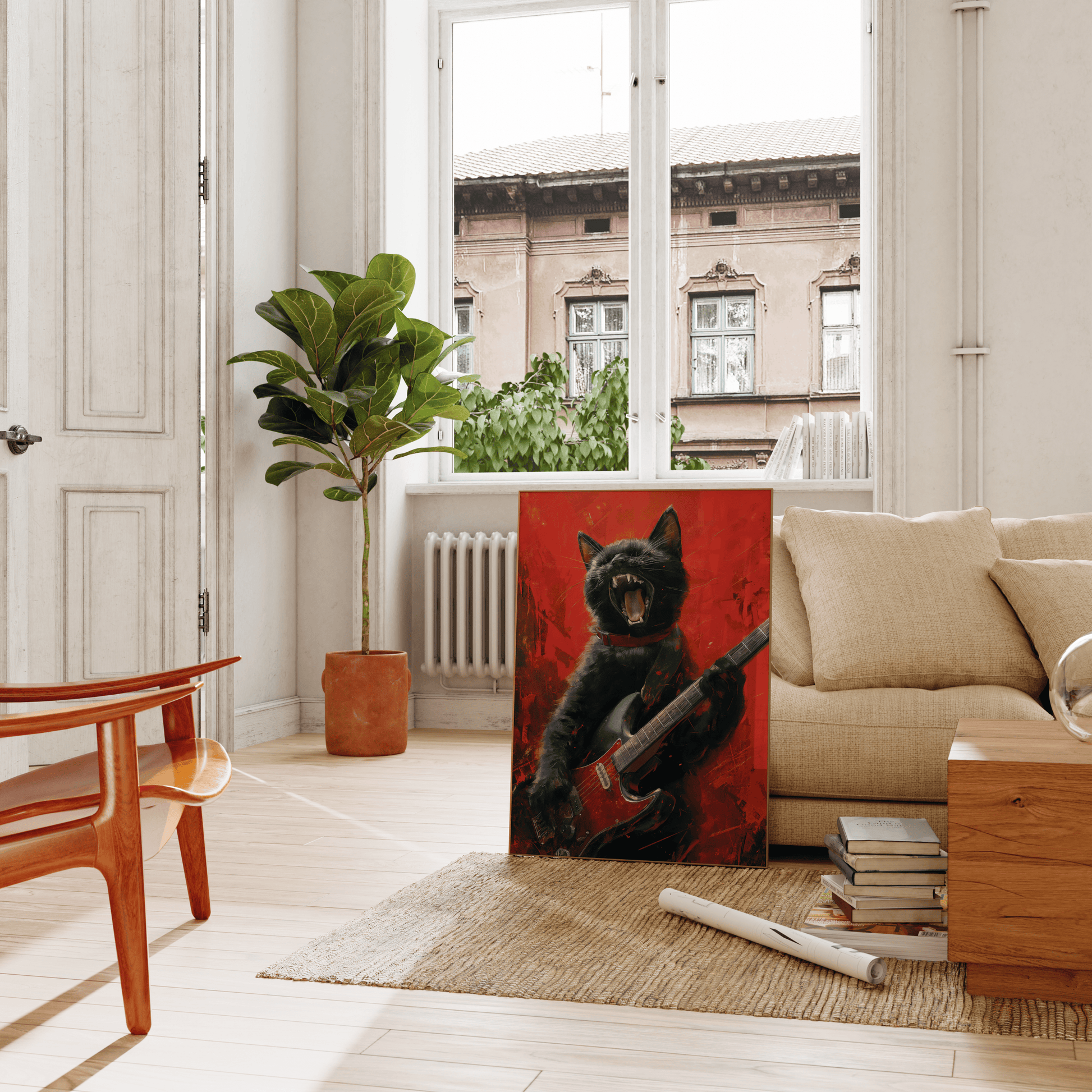 Painting of a black cat playing an electric guitar with a red background, leaning on a couch in the living room - Paw Prints