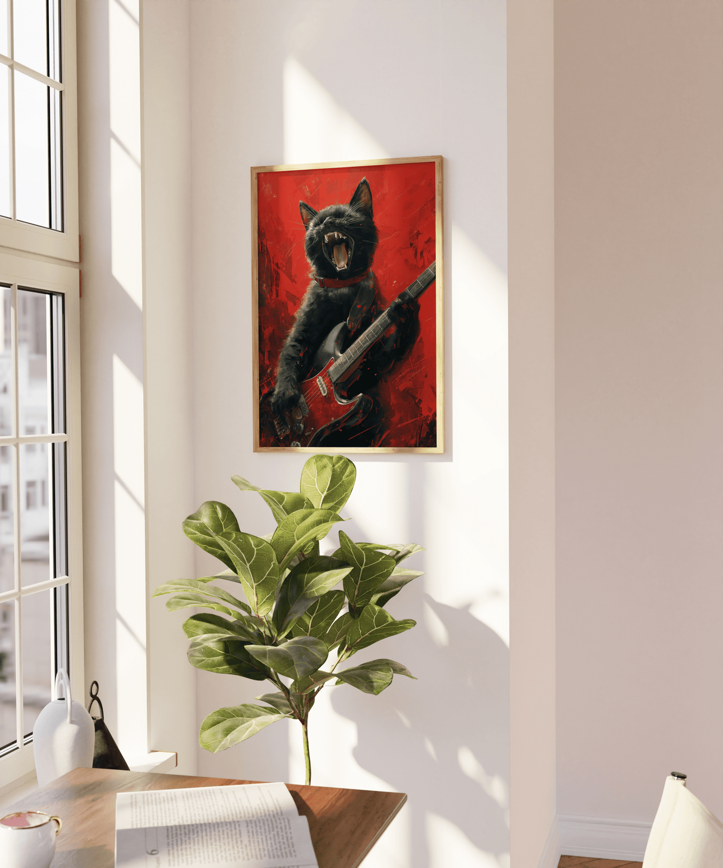 Painting of a black cat playing an electric guitar with a red background, on a blank wall - Paw Prints