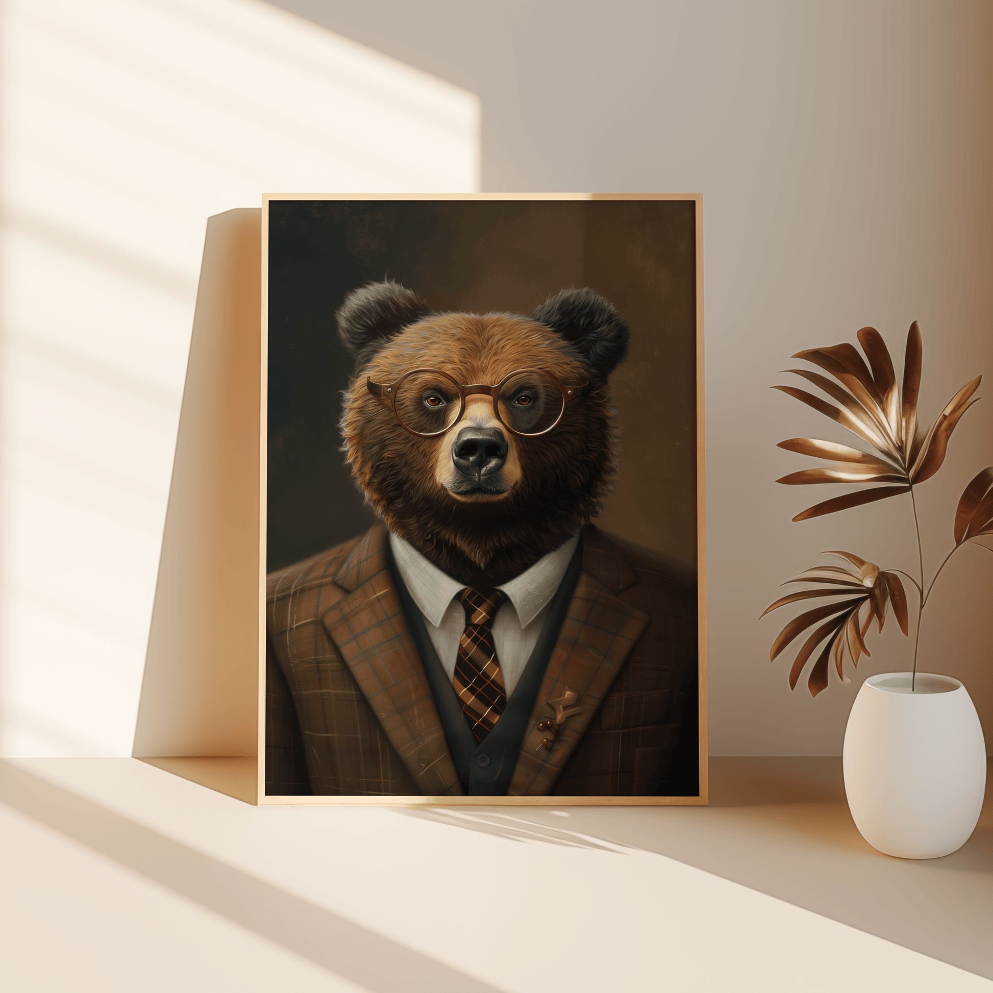 A portrait of a grizzly bear wearing glasses and dressed in a suit, leaning against the bedroom floor - Paw Prints