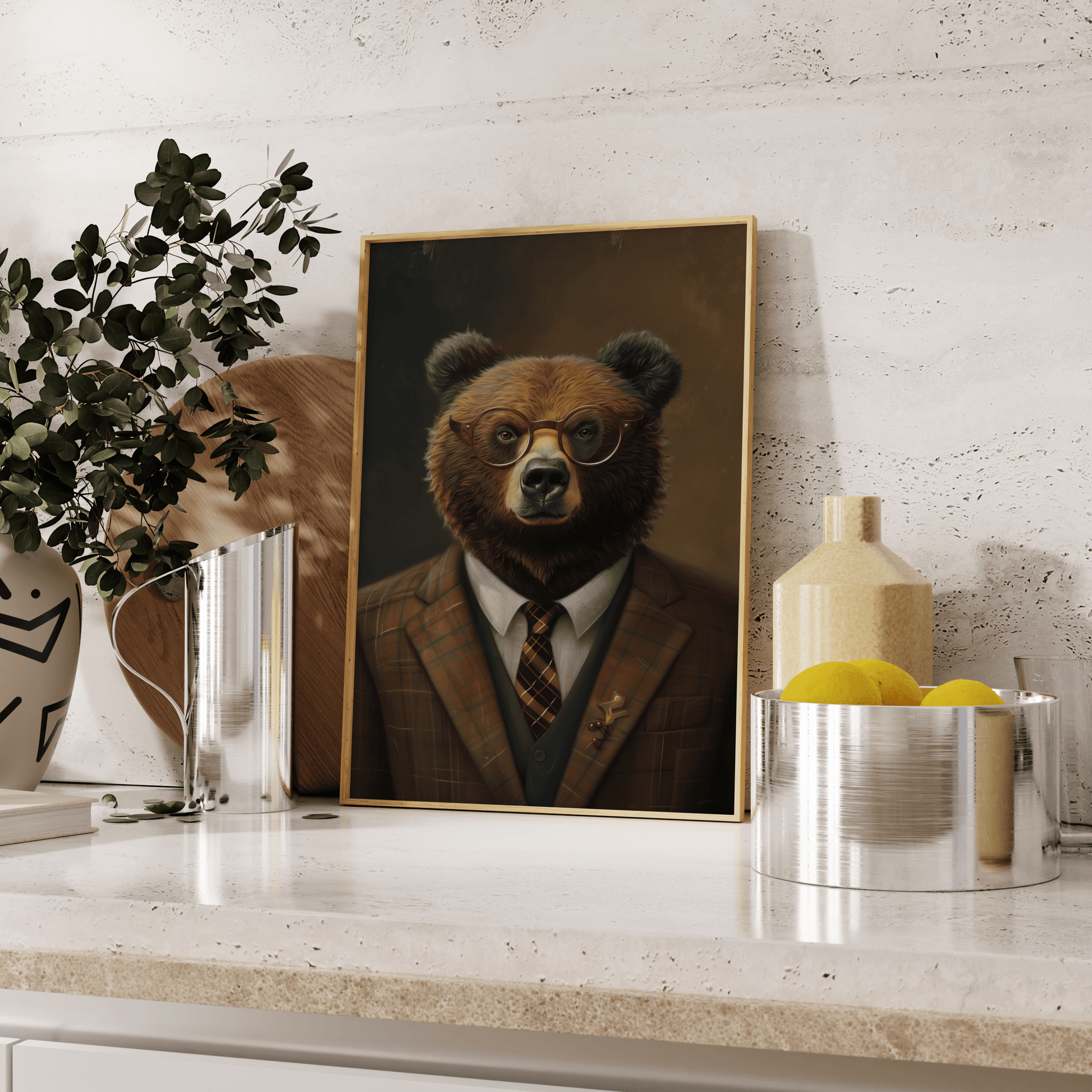 A portrait of a grizzly bear wearing glasses and dressed in a suit, leaning against the kitchen counter - Paw Prints
