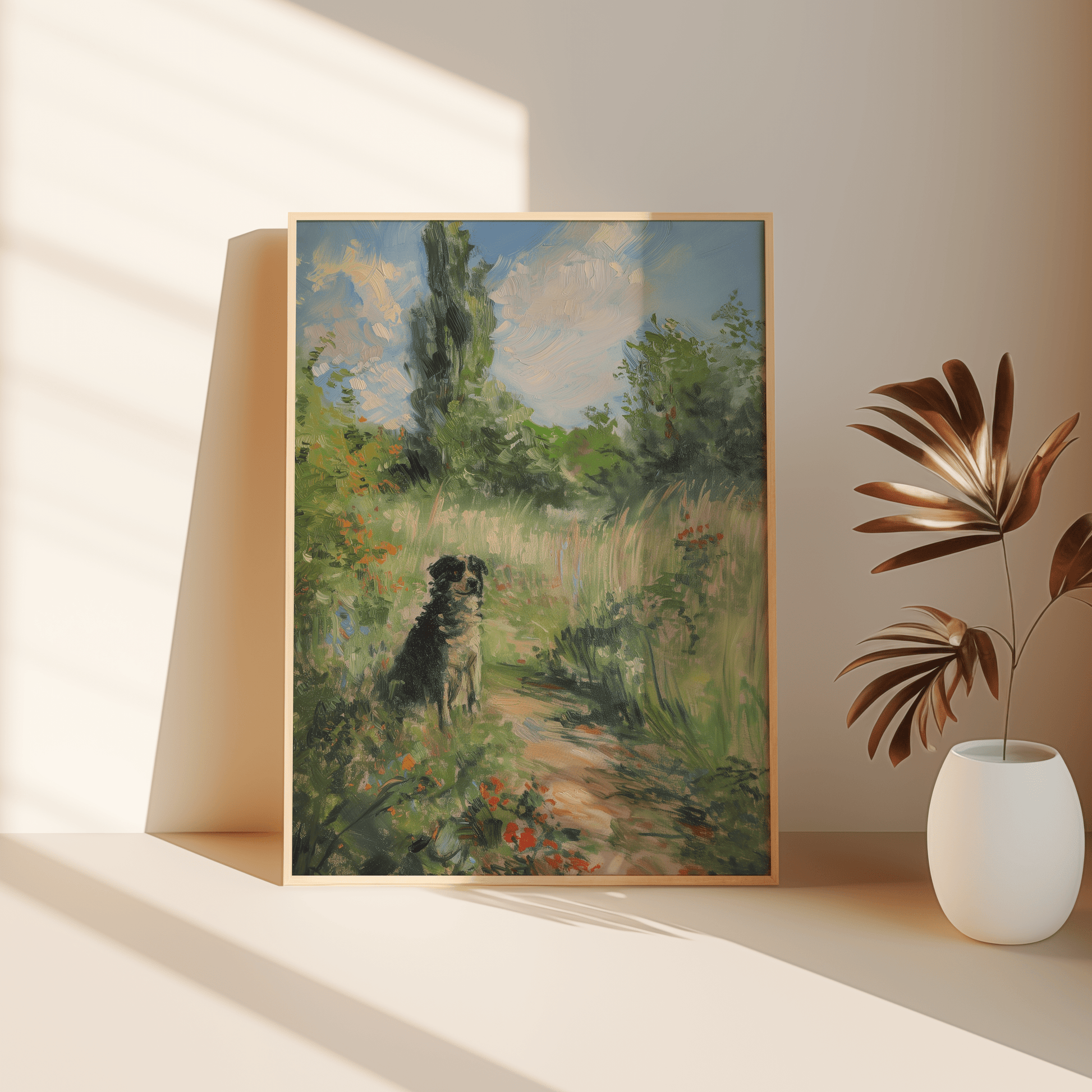 Impressionist painting of a dog sitting in a peaceful grassy forest, leaning against the bedroom floor - Paw Prints 