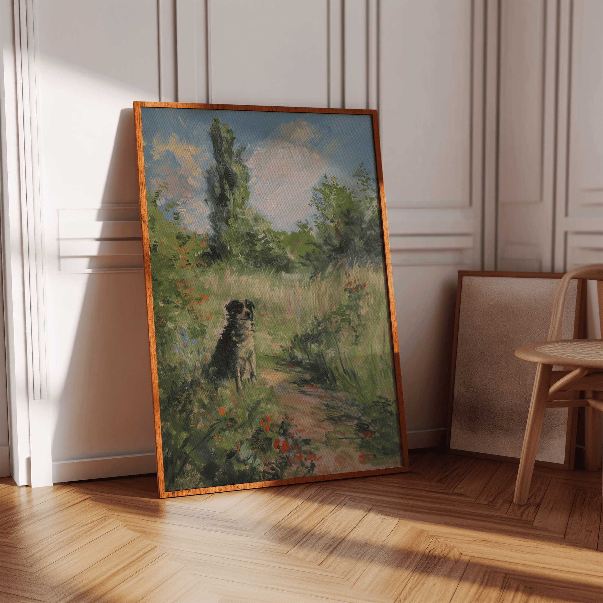 Impressionist painting of a dog sitting in a peaceful grassy forest, in a hallway - Paw Prints 