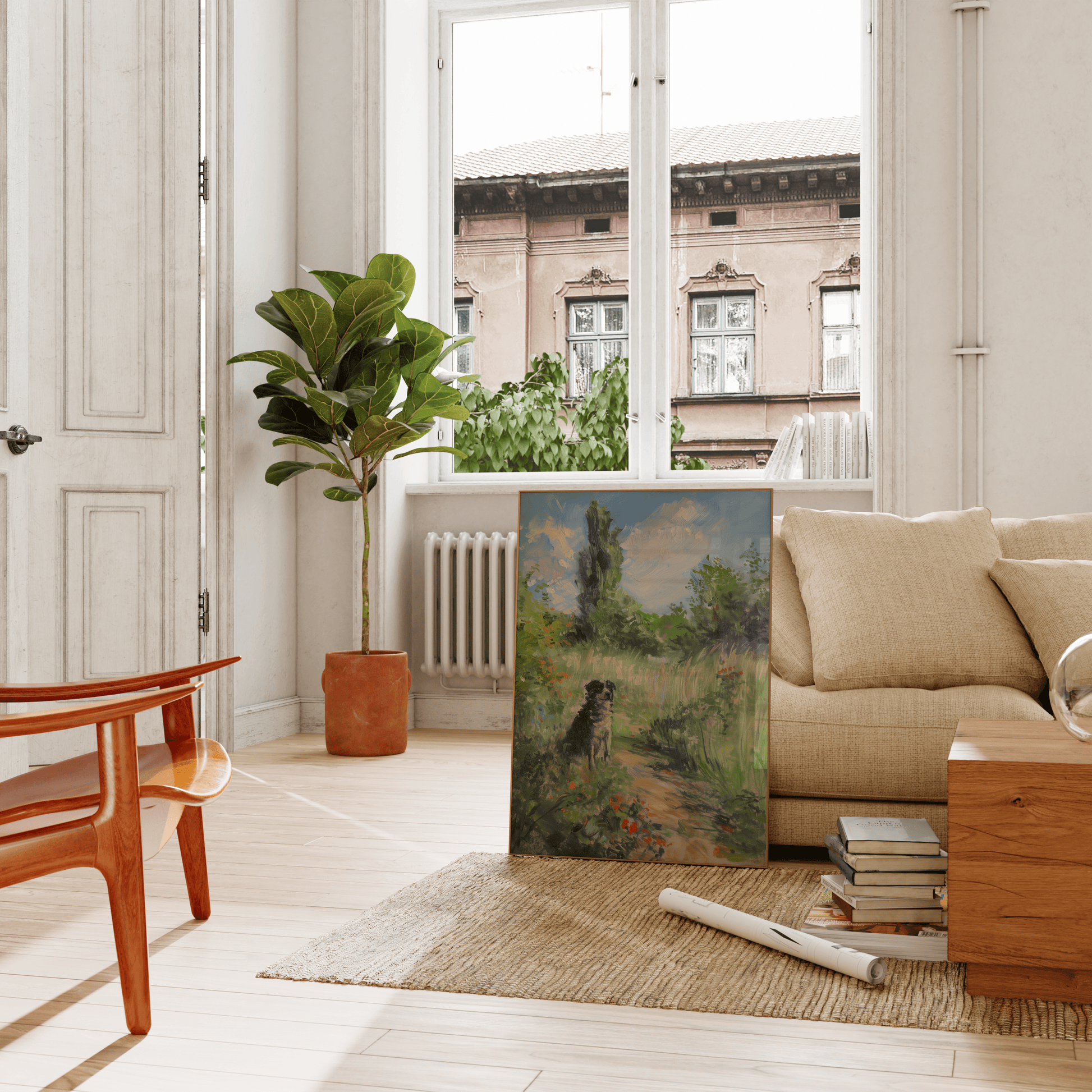 Impressionist painting of a dog sitting in a peaceful grassy forest, leaning against the living room couch - Paw Prints 