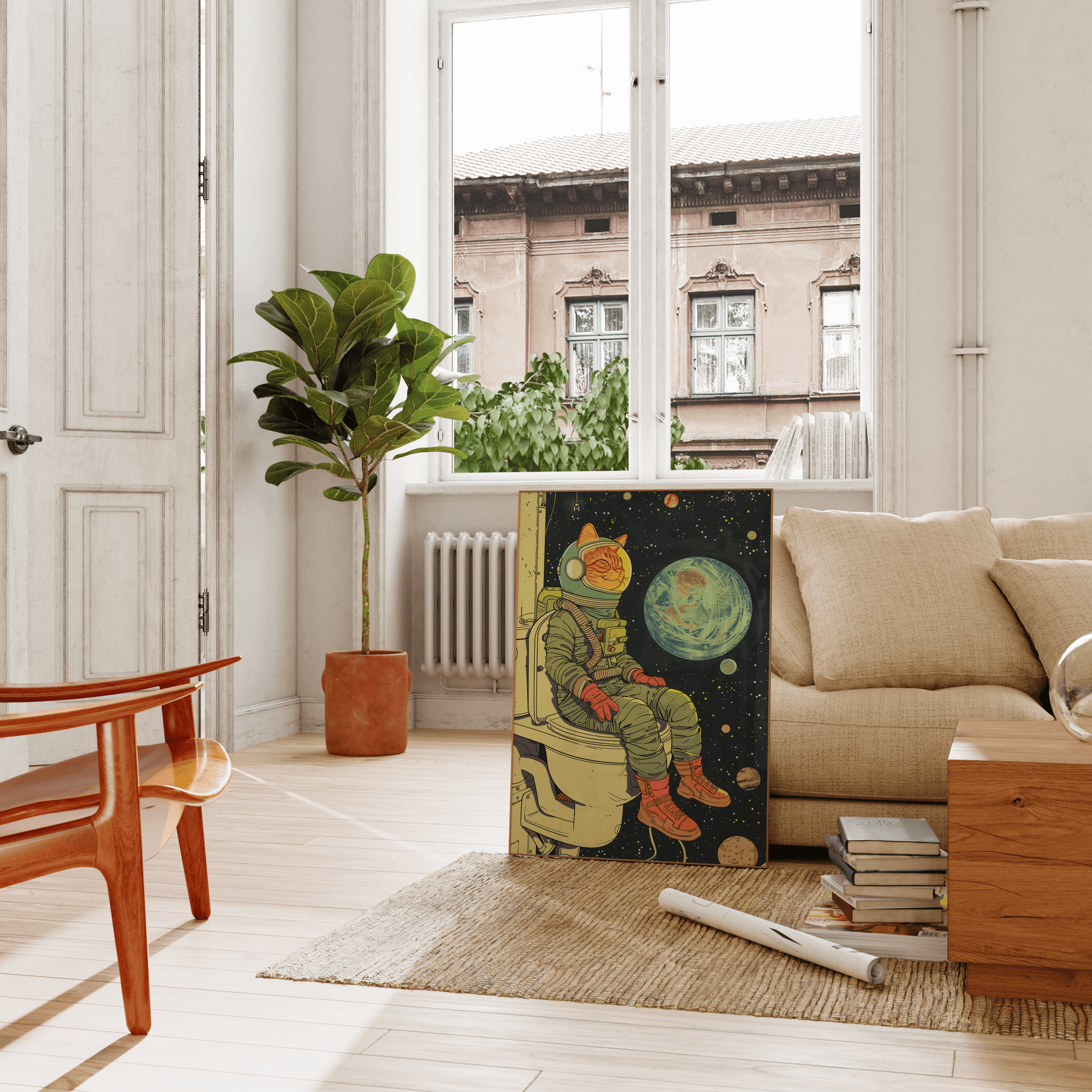 Poster of a cat astronaut sitting on the toilet overlooking earth in space, leaning on a couch in the living room - Paw Prints