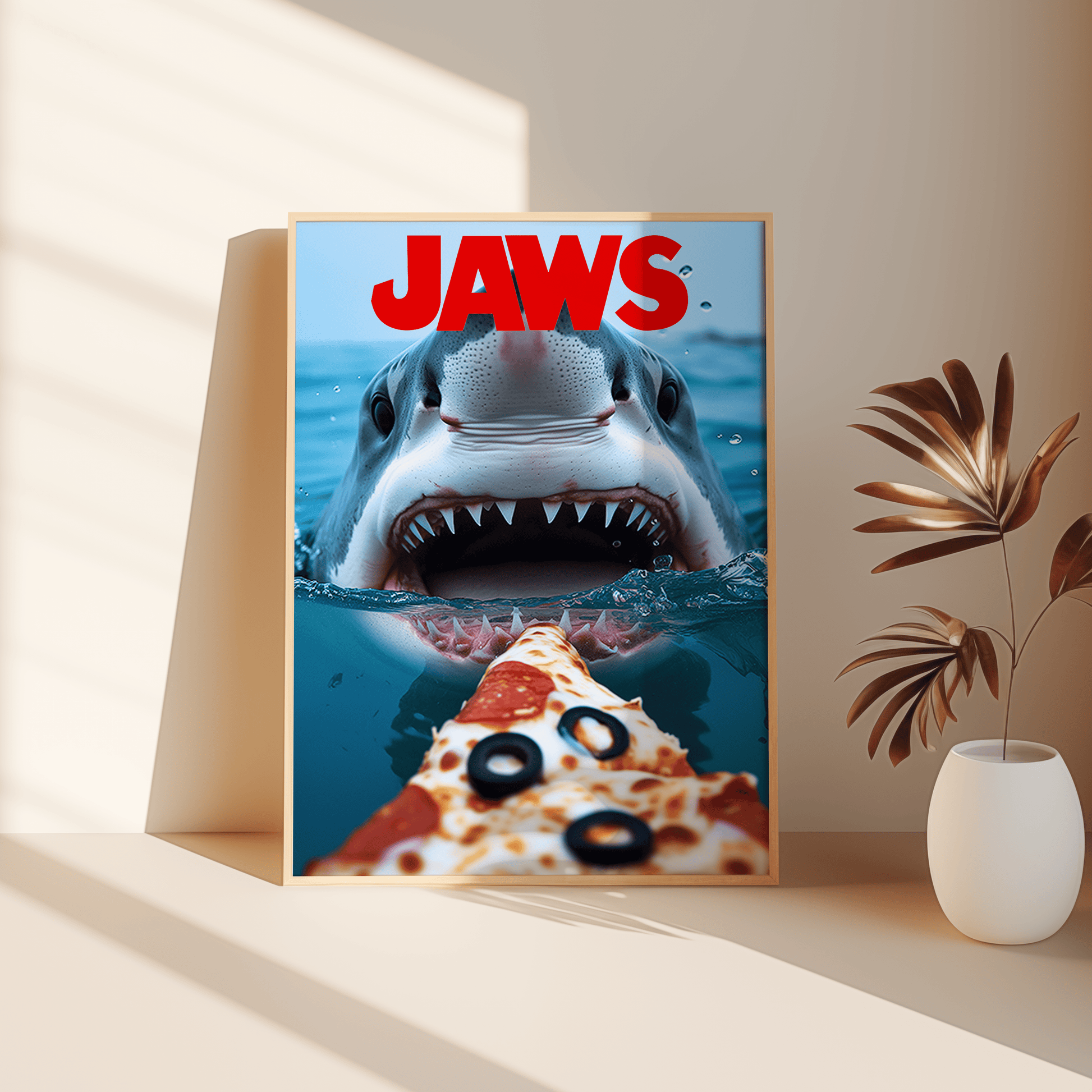 A JAWS movie poster with a great white shark about to eat a pizza, leaning against the bedroom floor - Paw Prints