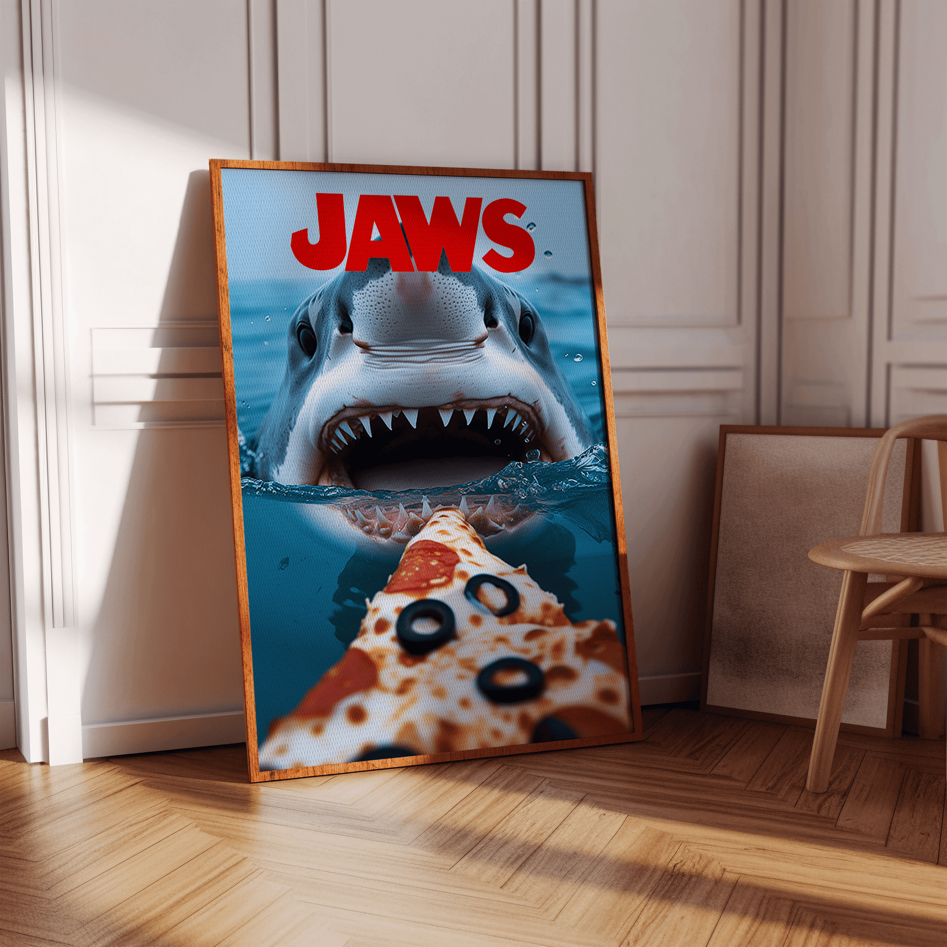A JAWS movie poster with a great white shark about to eat a pizza, in a hallway in view of natural sunlight - Paw Prints