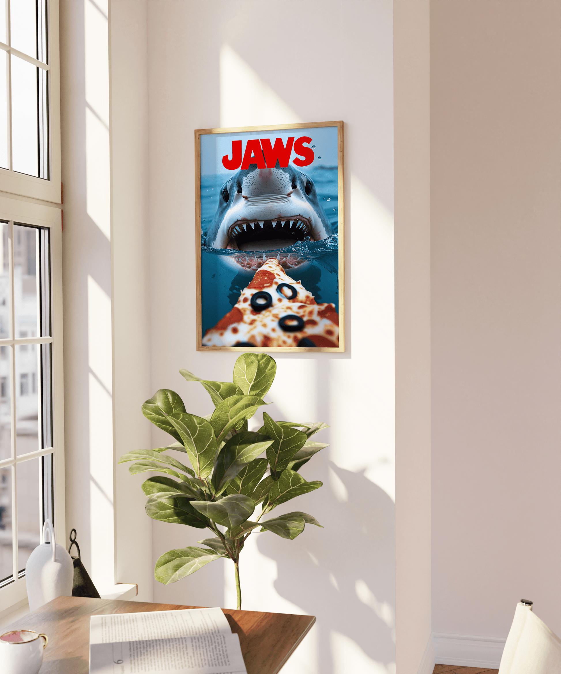 A JAWS movie poster with a great white shark about to eat a pizza, on a blank wall - Paw Prints