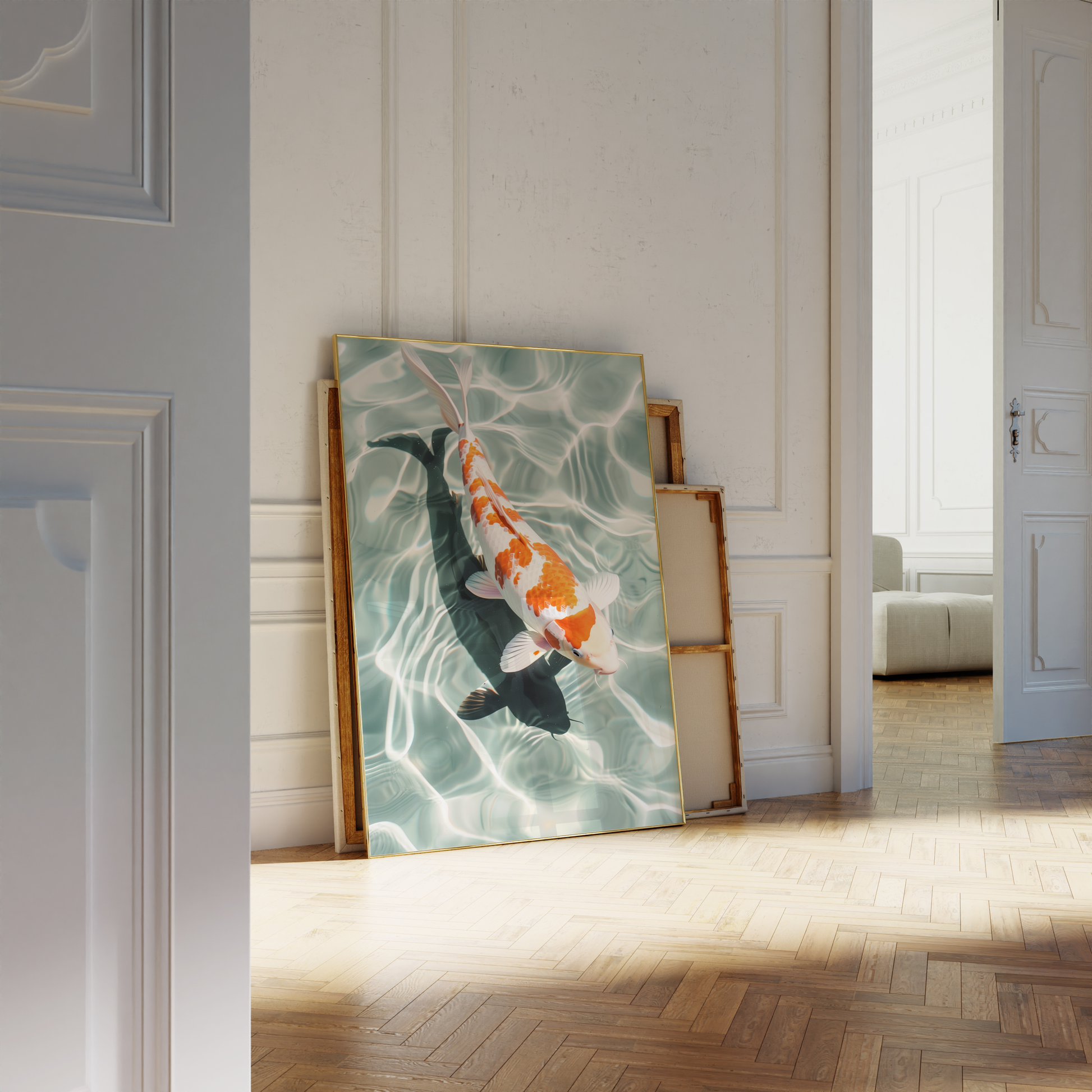 Paw Prints Poster of a Japanese Koi fish swimming in crystal clear water, leaning against a white bathroom wall. 