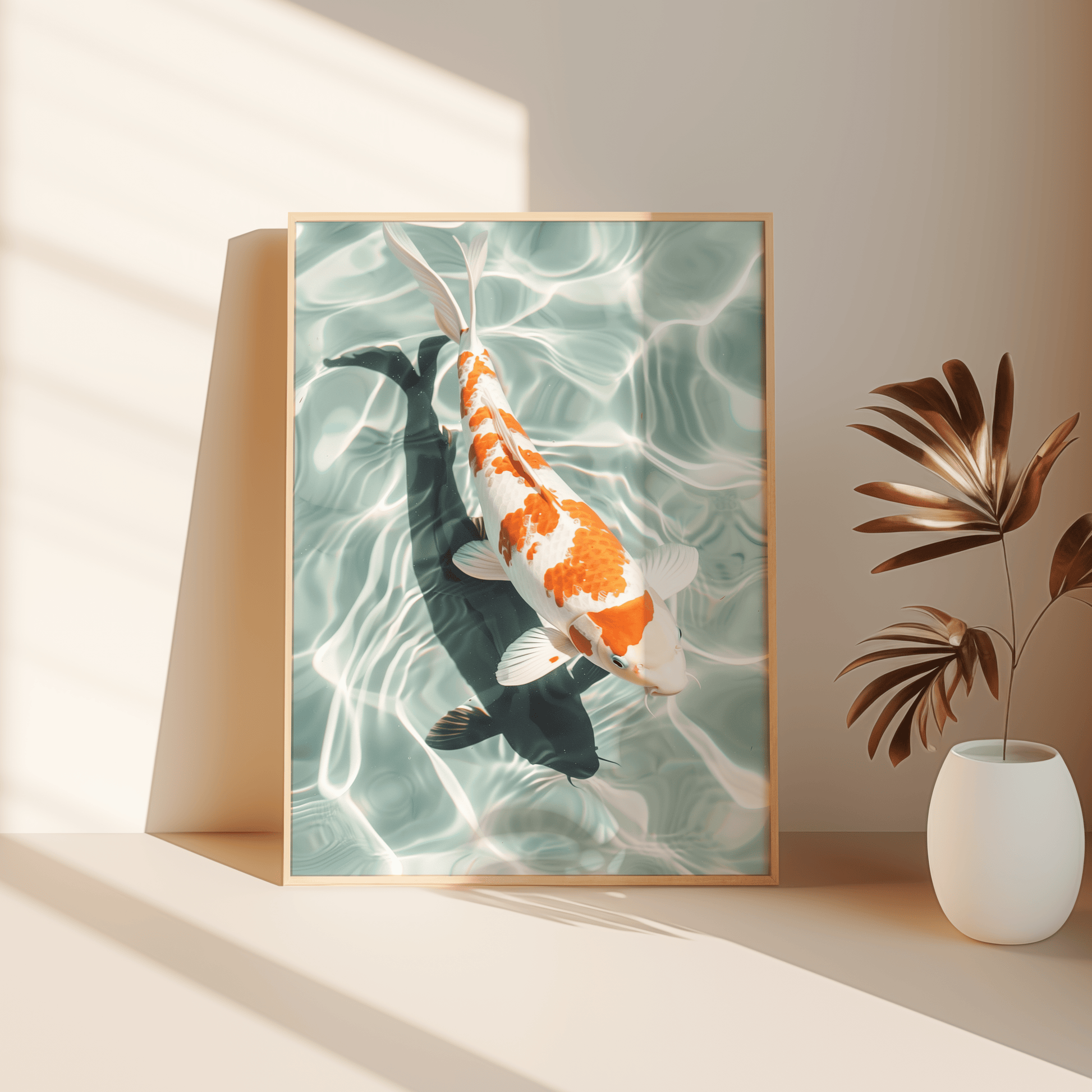 Paw Prints Poster of a Japanese Koi fish swimming in crystal clear water, leaning against the bedroom floor. 