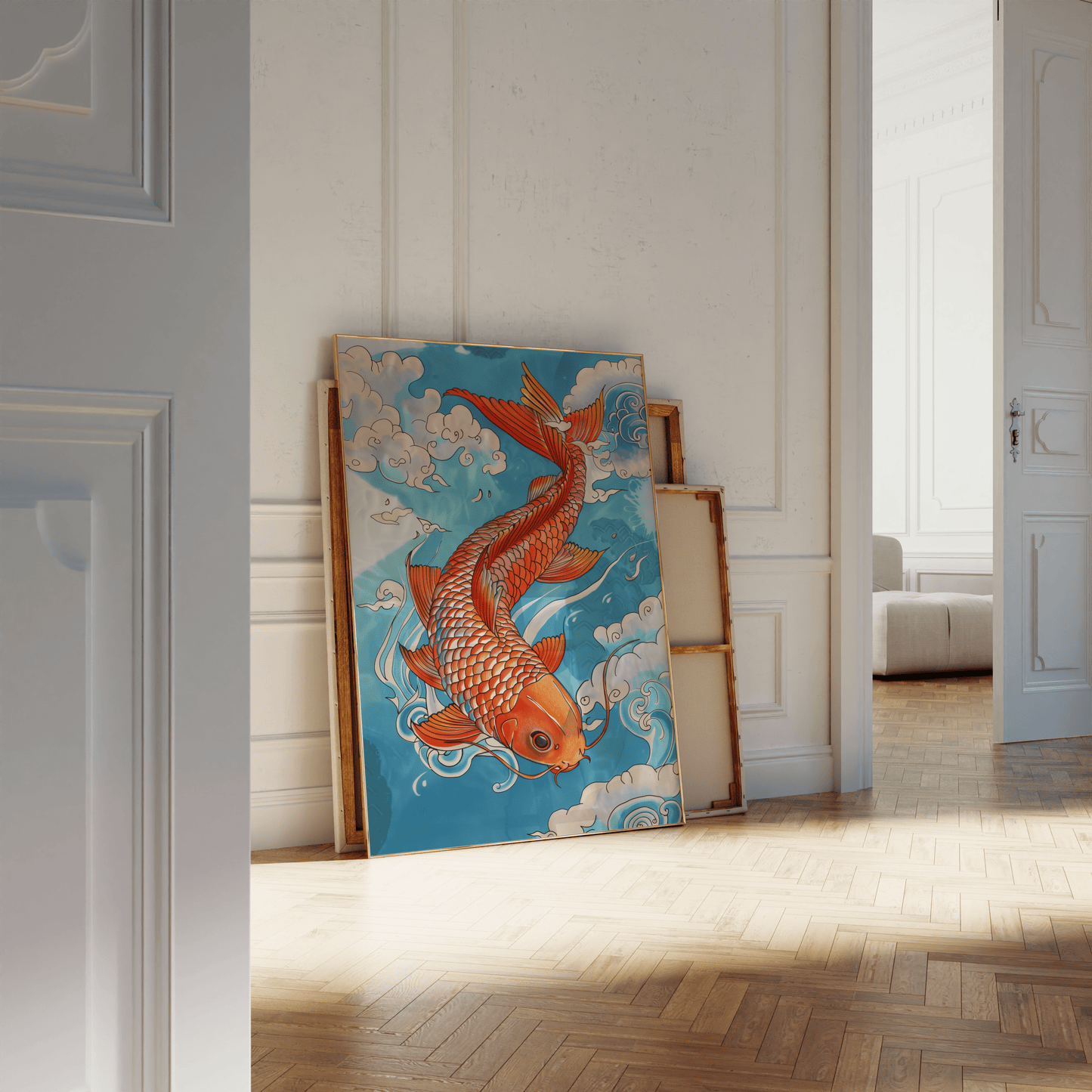Painting of an orange Japanese koi fish swimming in the blue clouds, leaning against a white bathroom wall - Paw Prints