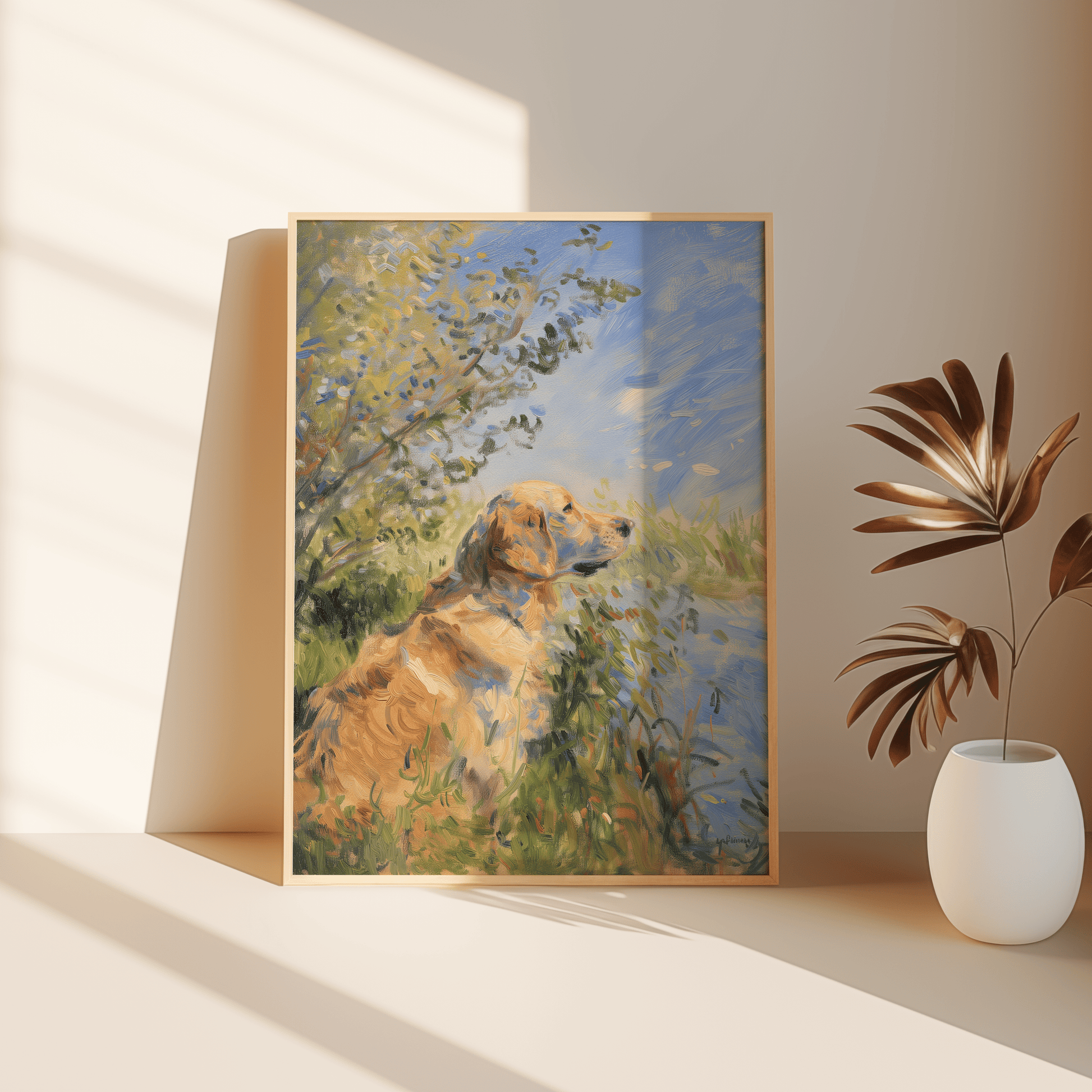 Impressionist painting of a Golden Retriever sitting by a calm lake, leaning against the bedroom floor - Paw Prints
