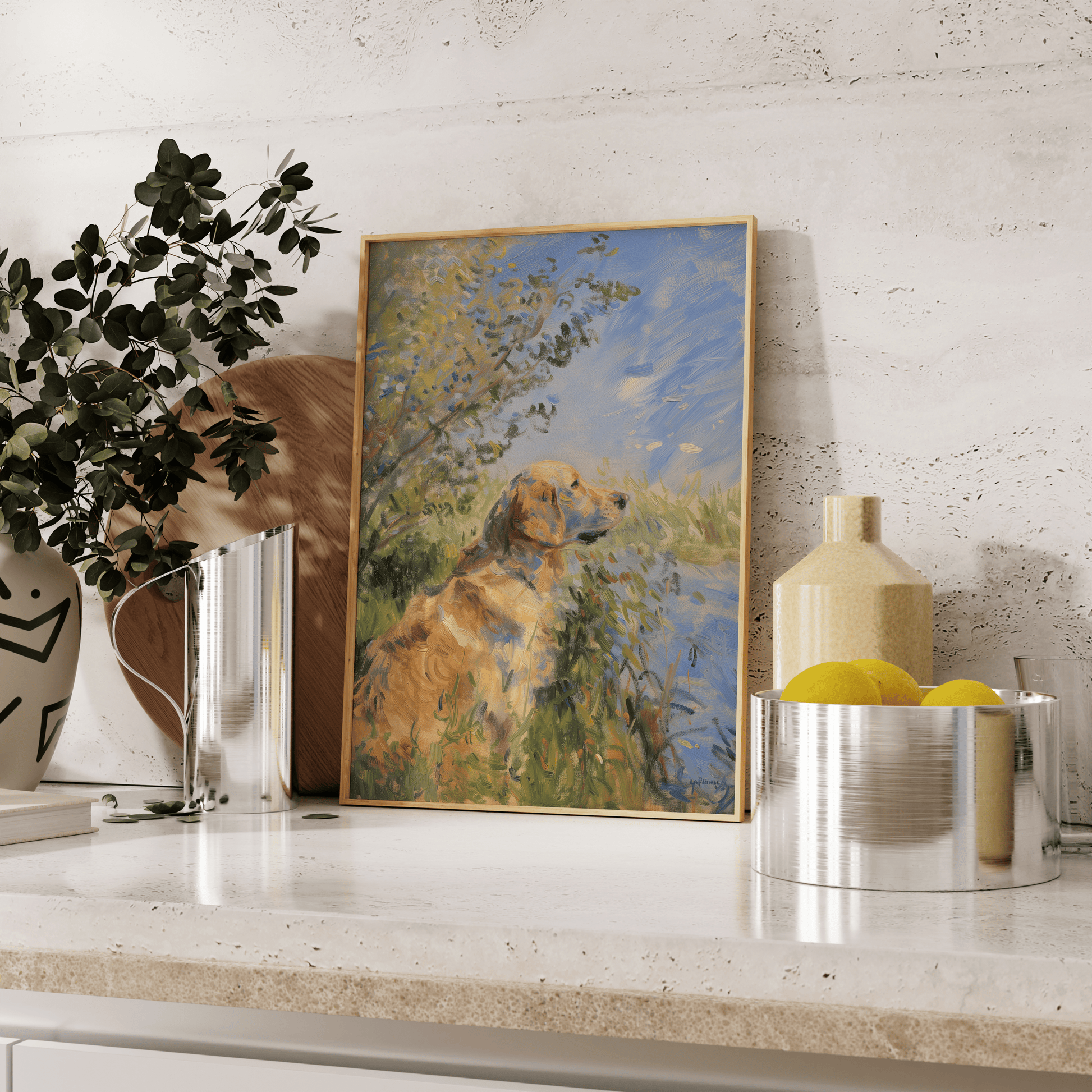 Impressionist painting of a Golden Retriever sitting by a calm lake, leaning against the kitchen counter - Paw Prints
