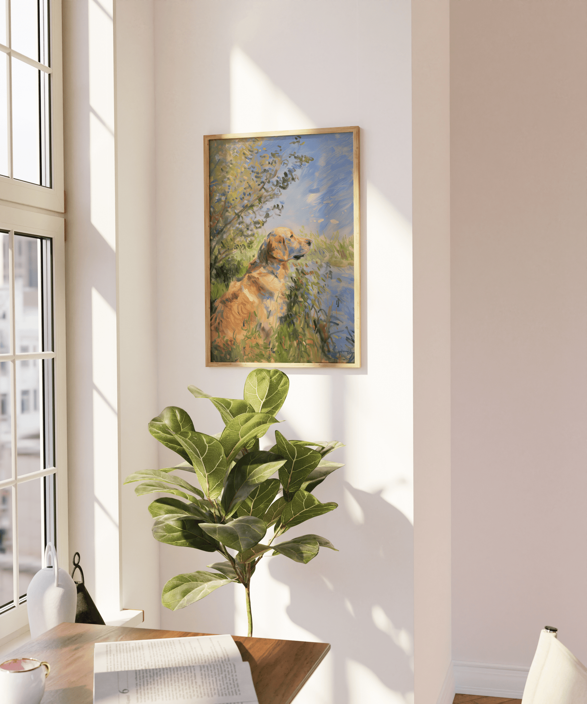 Impressionist painting of a Golden Retriever sitting by a calm lake, on a blank wall - Paw Prints