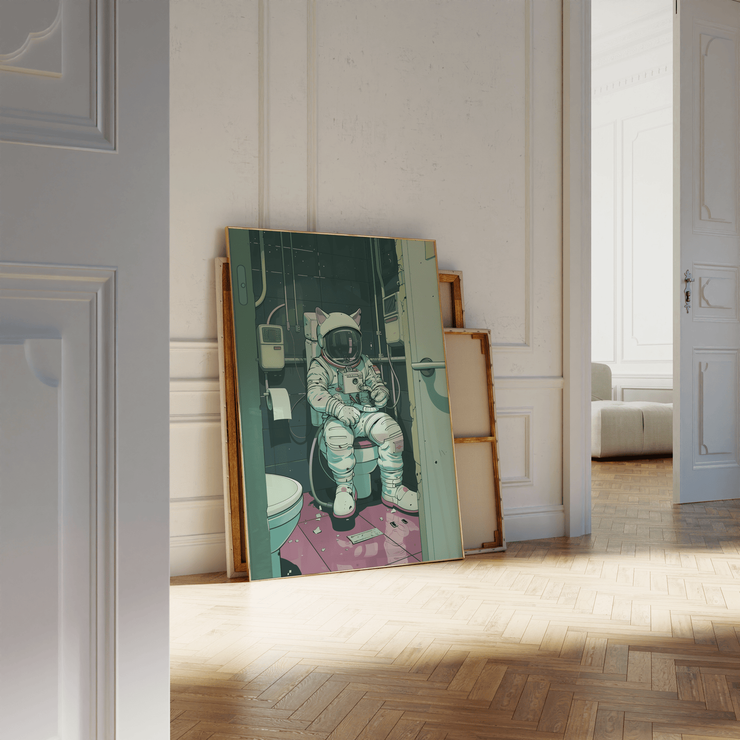 Painting of a Lofi astronaut cat sitting in a space station toilet, leaning against a white bathroom wall - Paw Prints