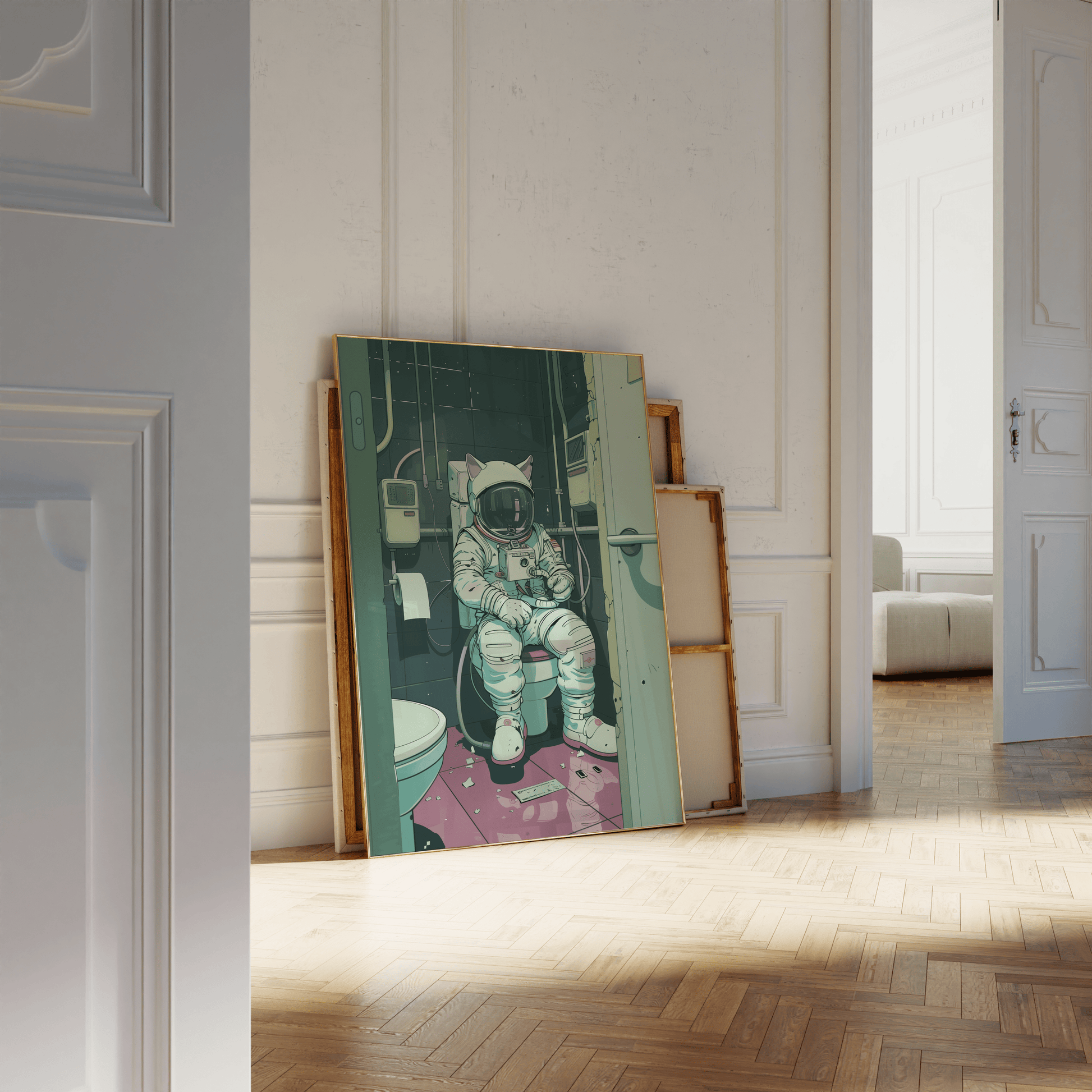 Painting of a Lofi astronaut cat sitting in a space station toilet, leaning against a white bathroom wall - Paw Prints