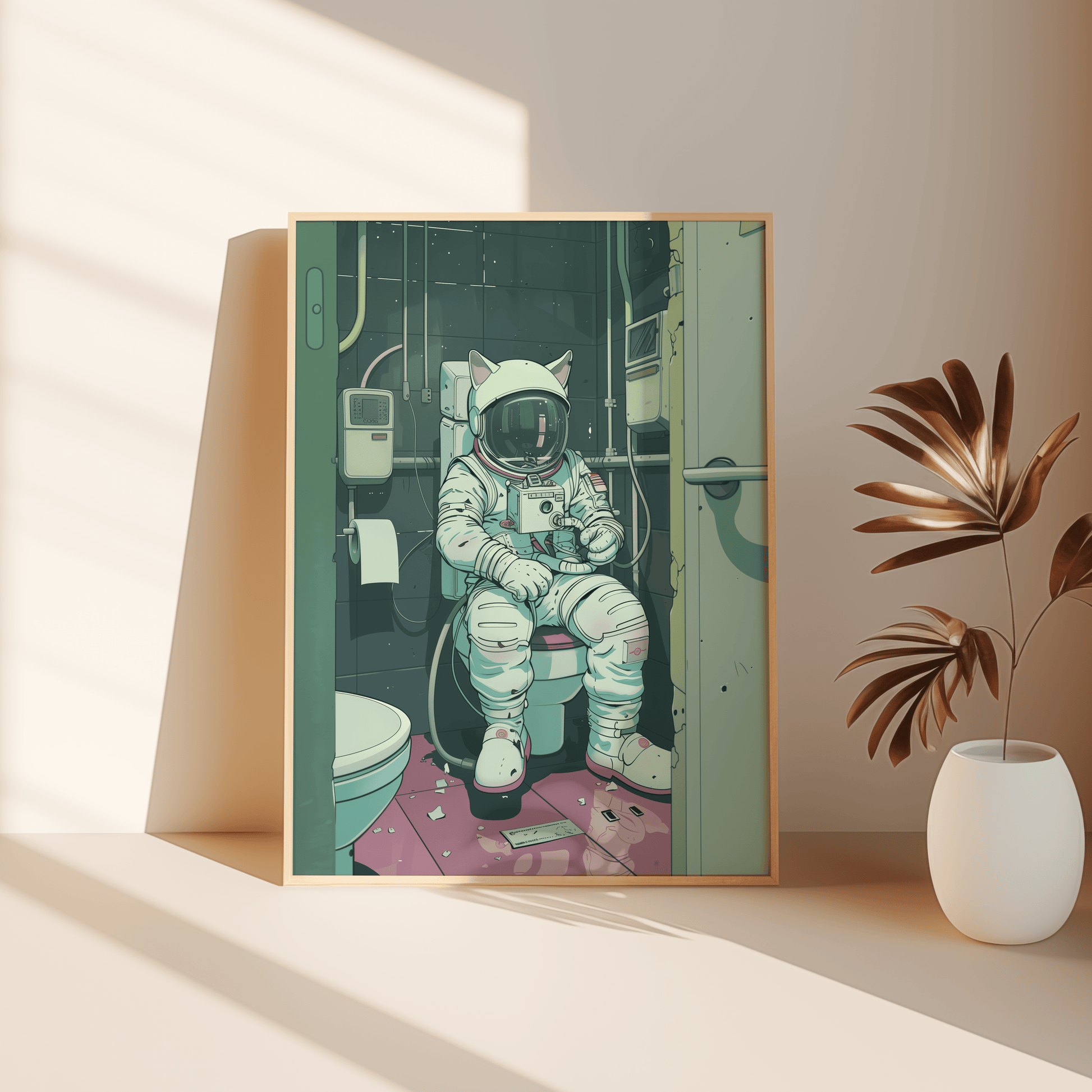 Painting of a Lofi astronaut cat sitting in a space station toilet, leaning against the bedroom floor - Paw Prints