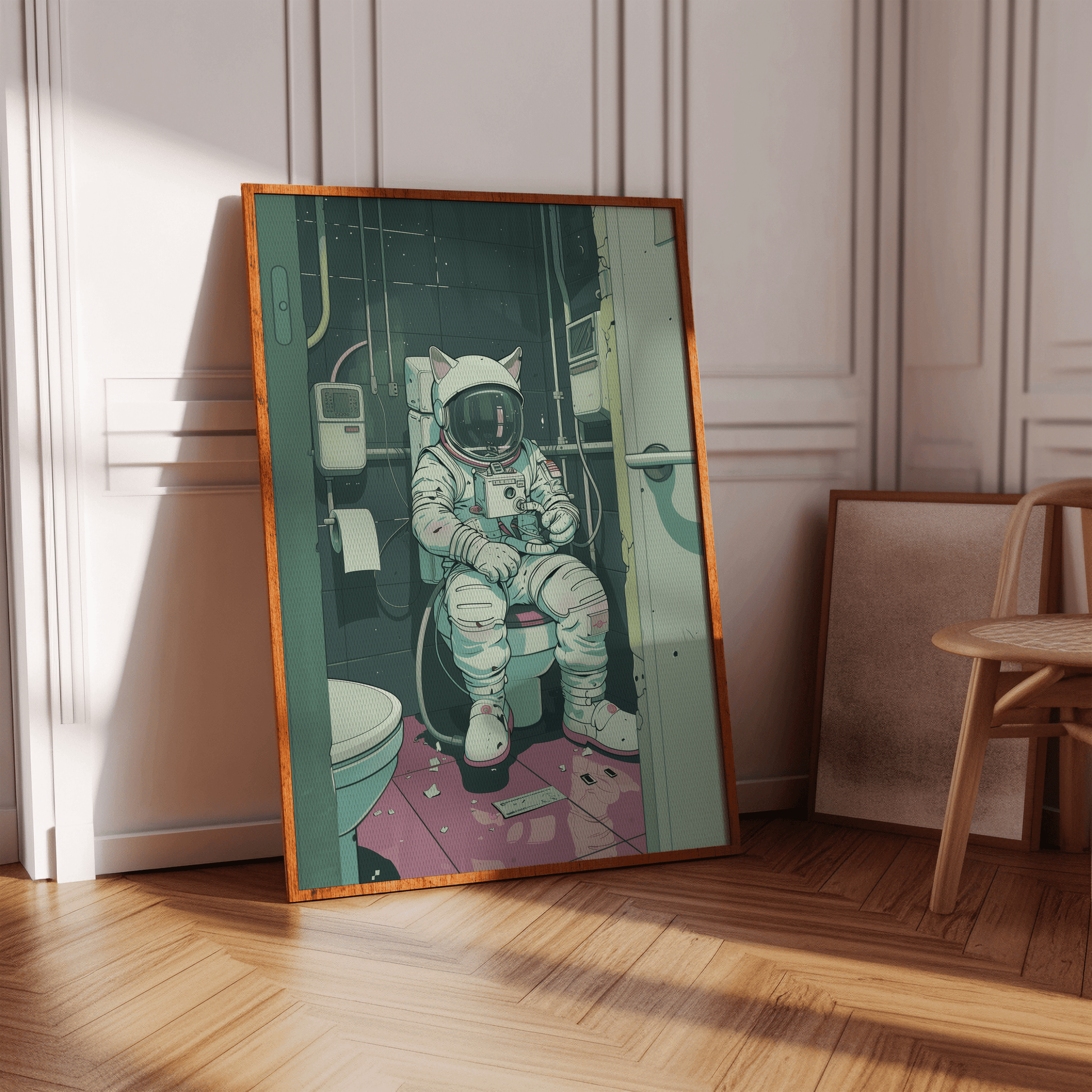 Painting of a Lofi astronaut cat sitting in a space station toilet, in a hallway - Paw Prints