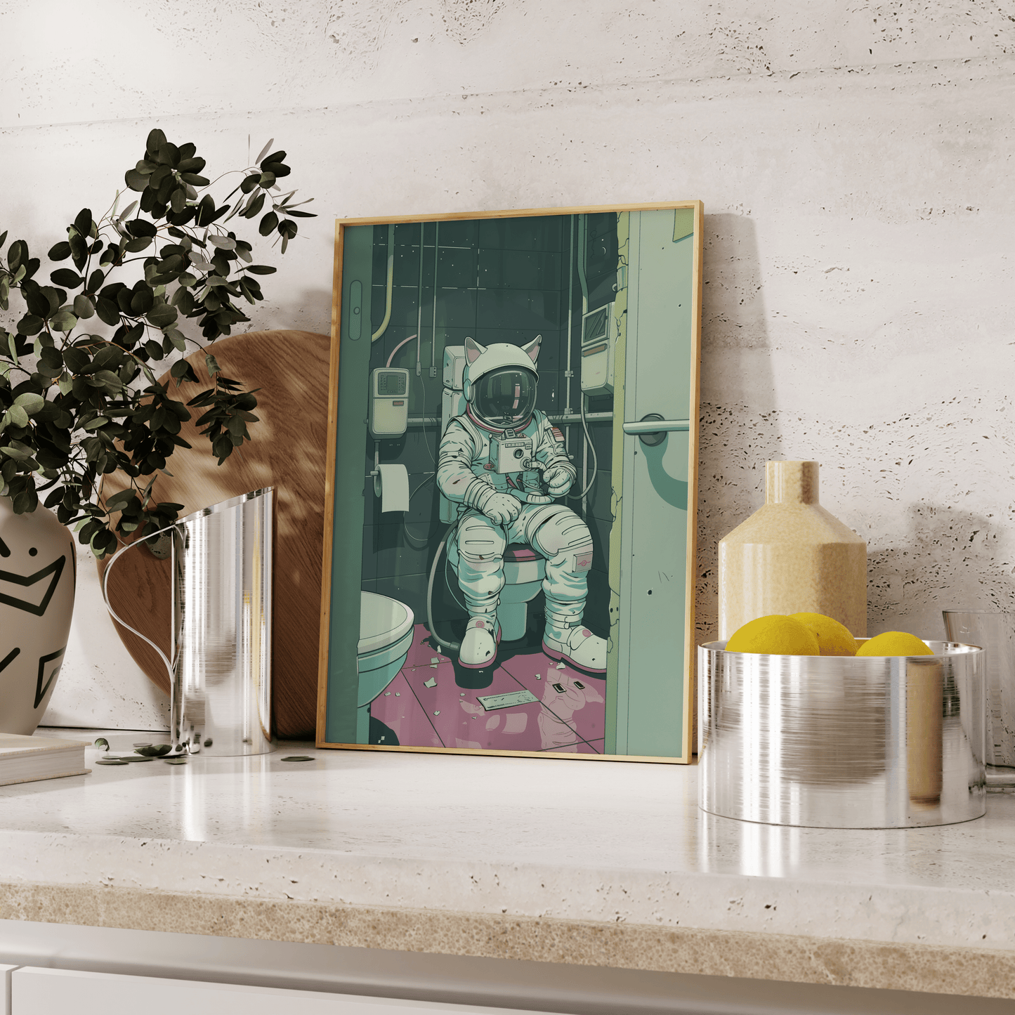 Painting of a Lofi astronaut cat sitting in a space station toilet, leaning against the kitchen counter - Paw Prints