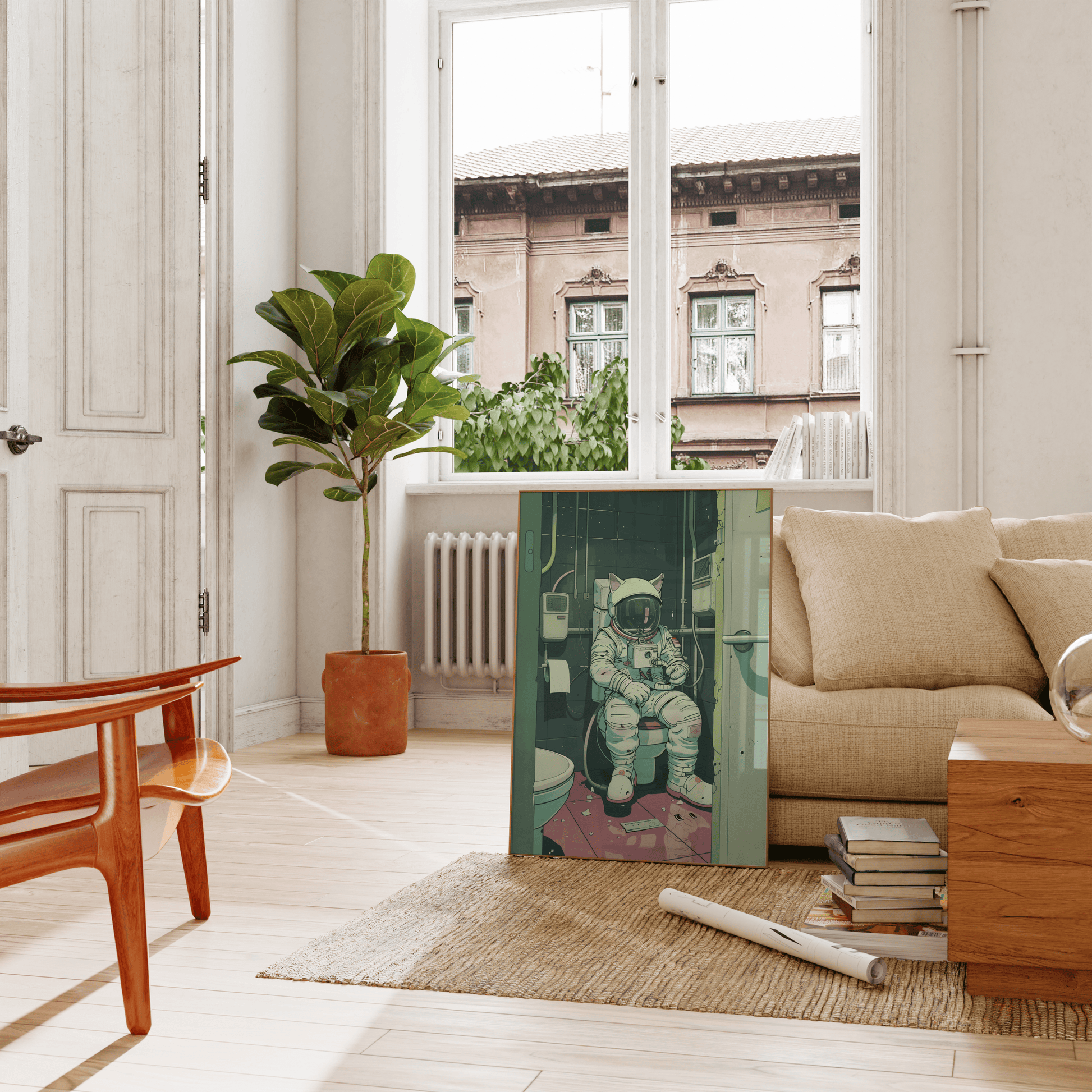 Painting of a Lofi astronaut cat sitting in a space station toilet, leaning on a couch in the living room - Paw Prints