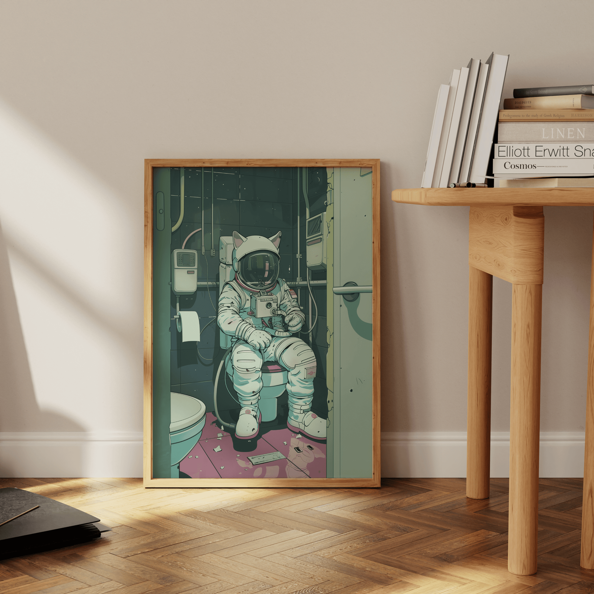 Painting of a Lofi astronaut cat sitting in a space station toilet, leaning against the office wall - Paw Prints