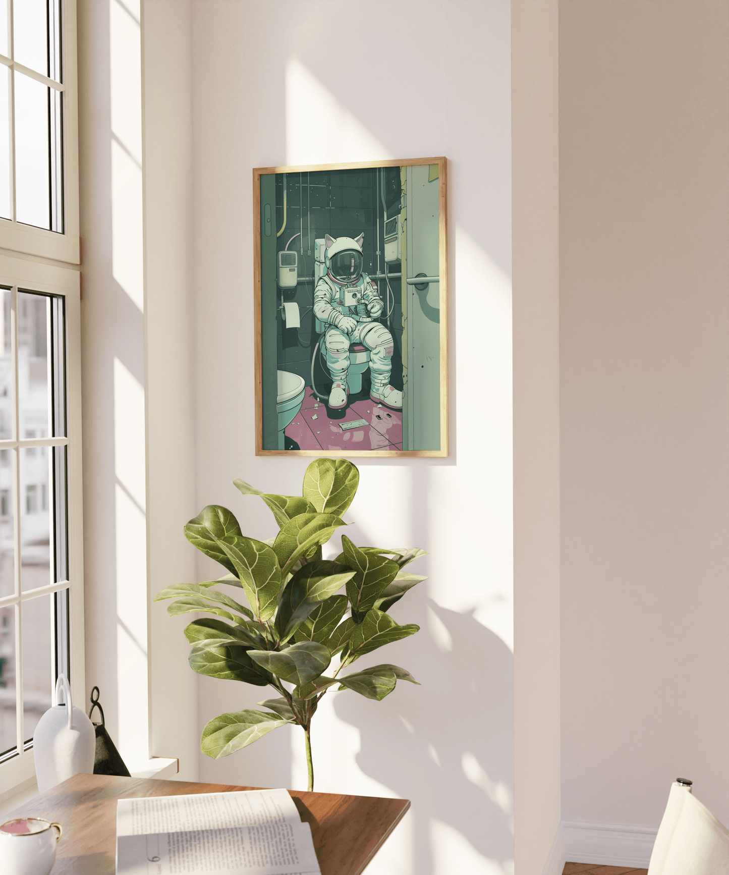 Painting of a Lofi astronaut cat sitting in a space station toilet, on a blank wall - Paw Prints