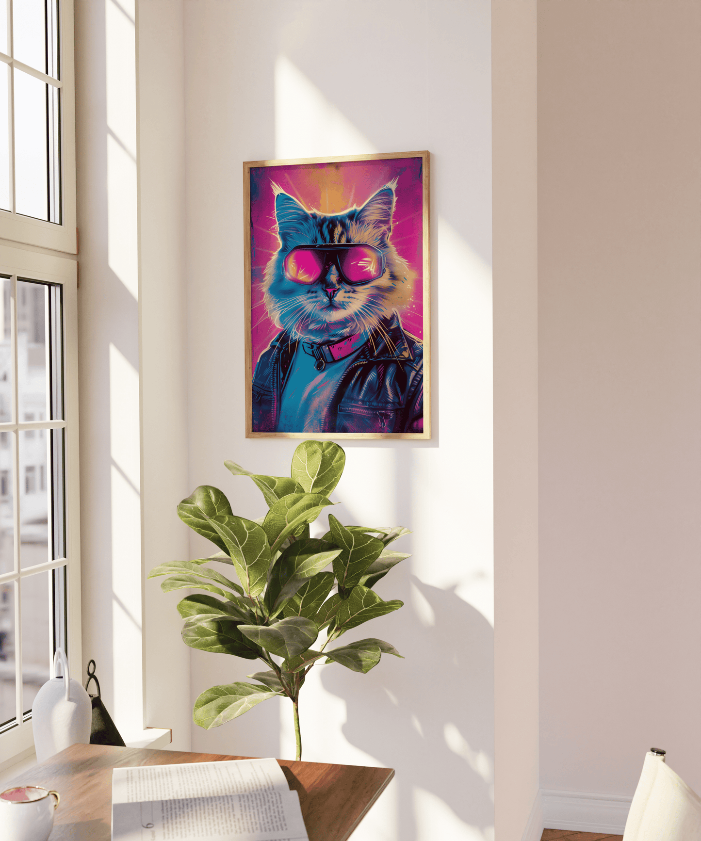 Retro framed poster of a cat wearing goggles and a leather jacket, on a blank wall - Paw Prints