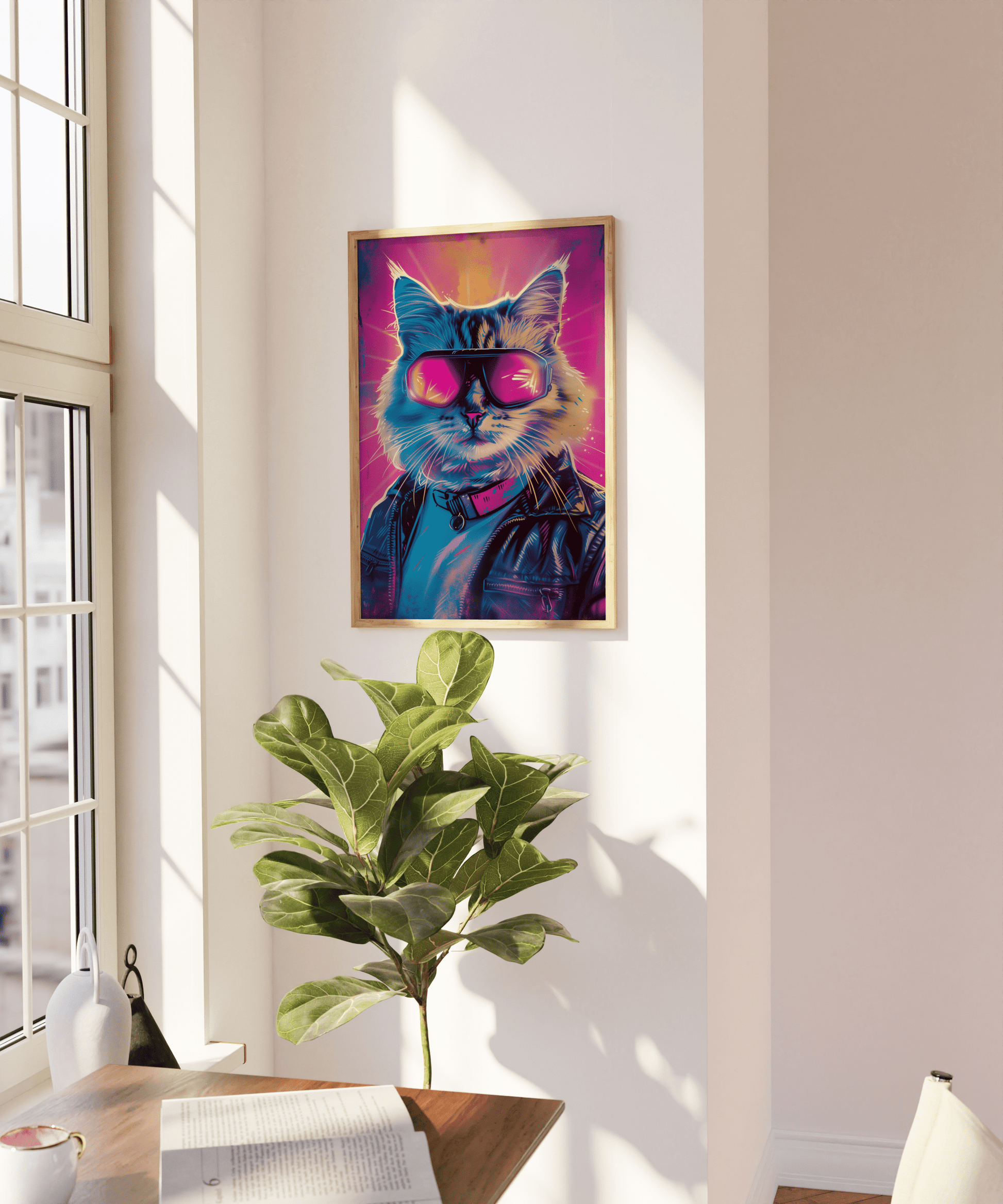 Retro framed poster of a cat wearing goggles and a leather jacket, on a blank wall - Paw Prints