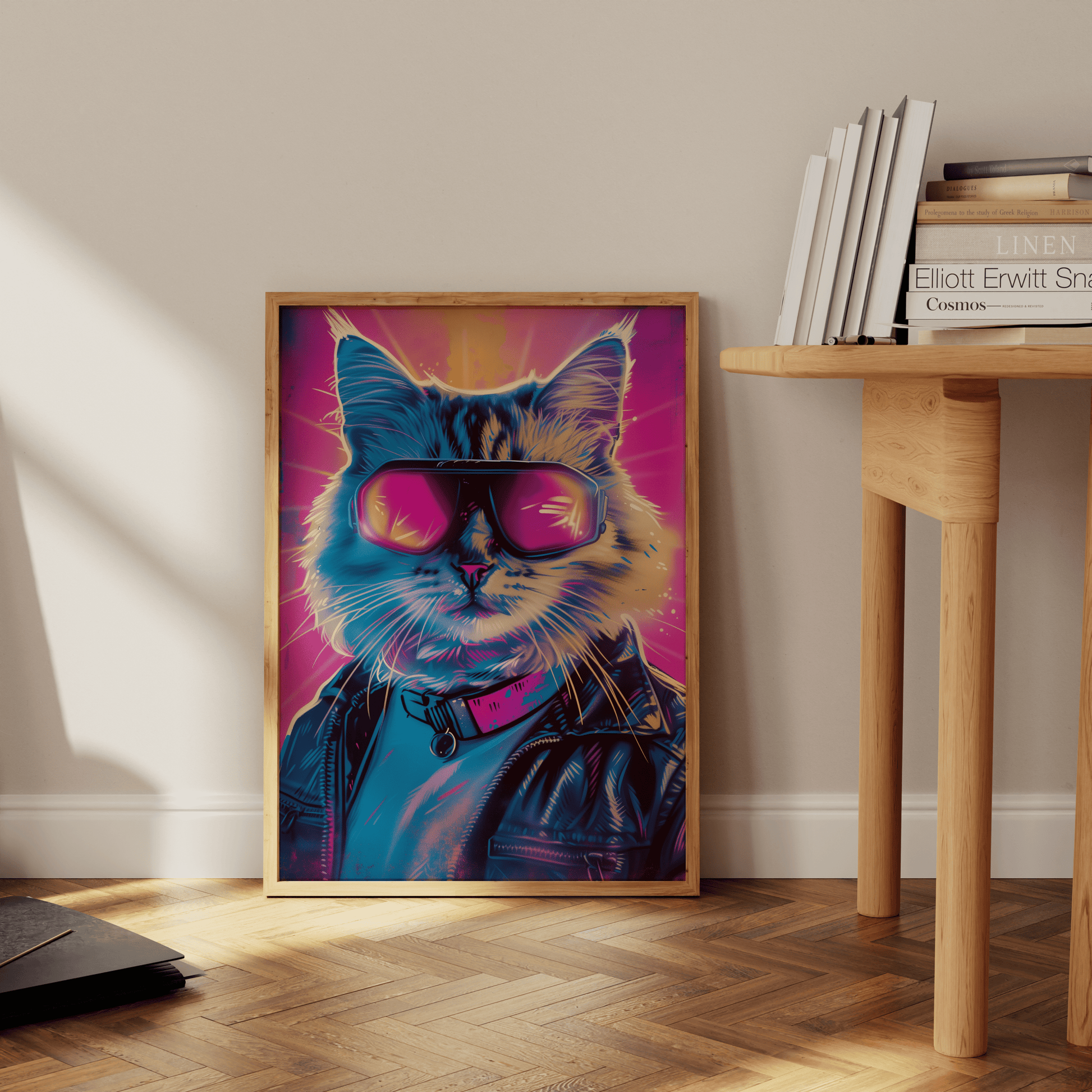 Retro framed poster of a cat wearing goggles and a leather jacket, leaning against the office wall - Paw Prints