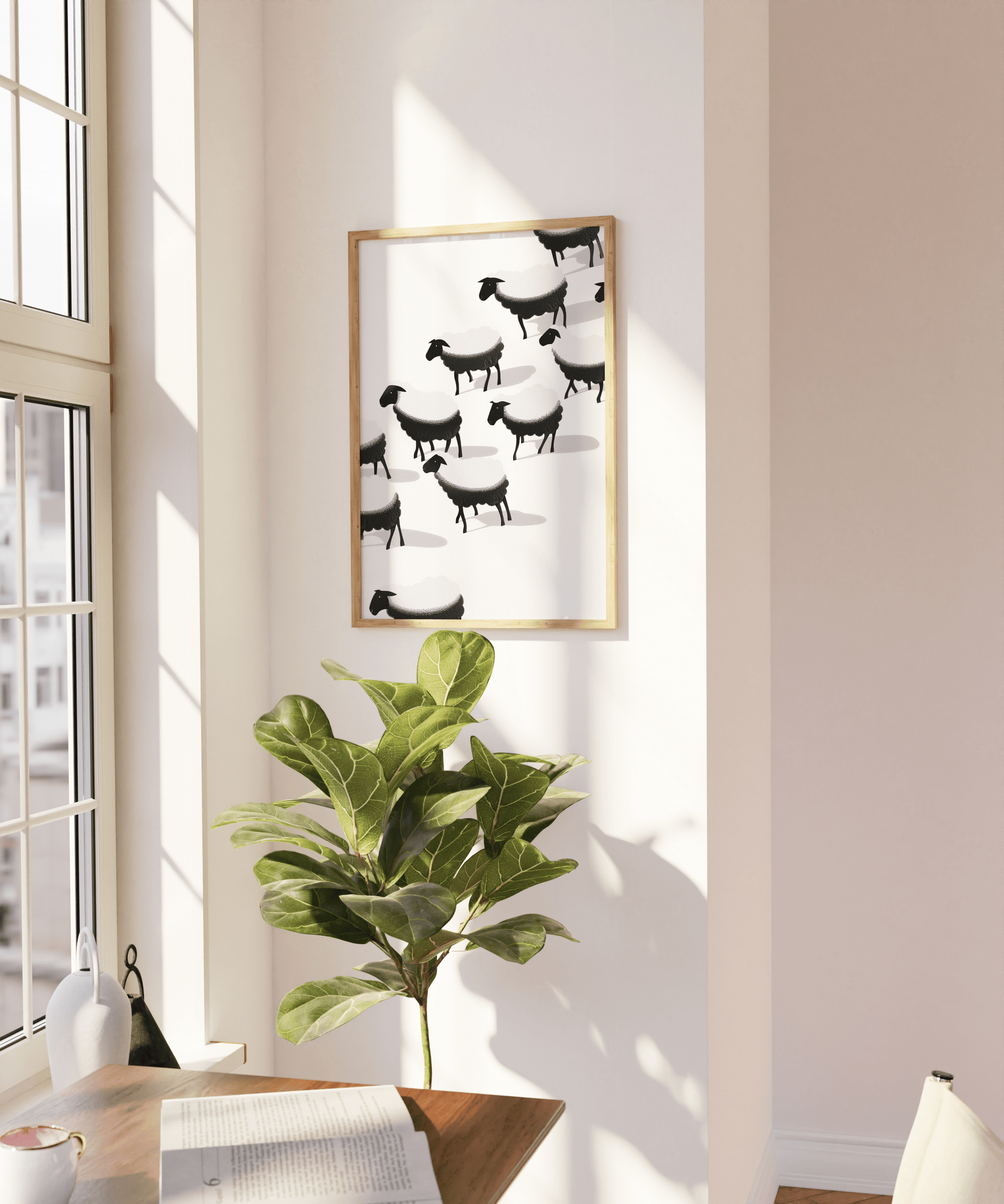 Framed painting of a herd of black and white sheep, on a blank wall - Paw Prints