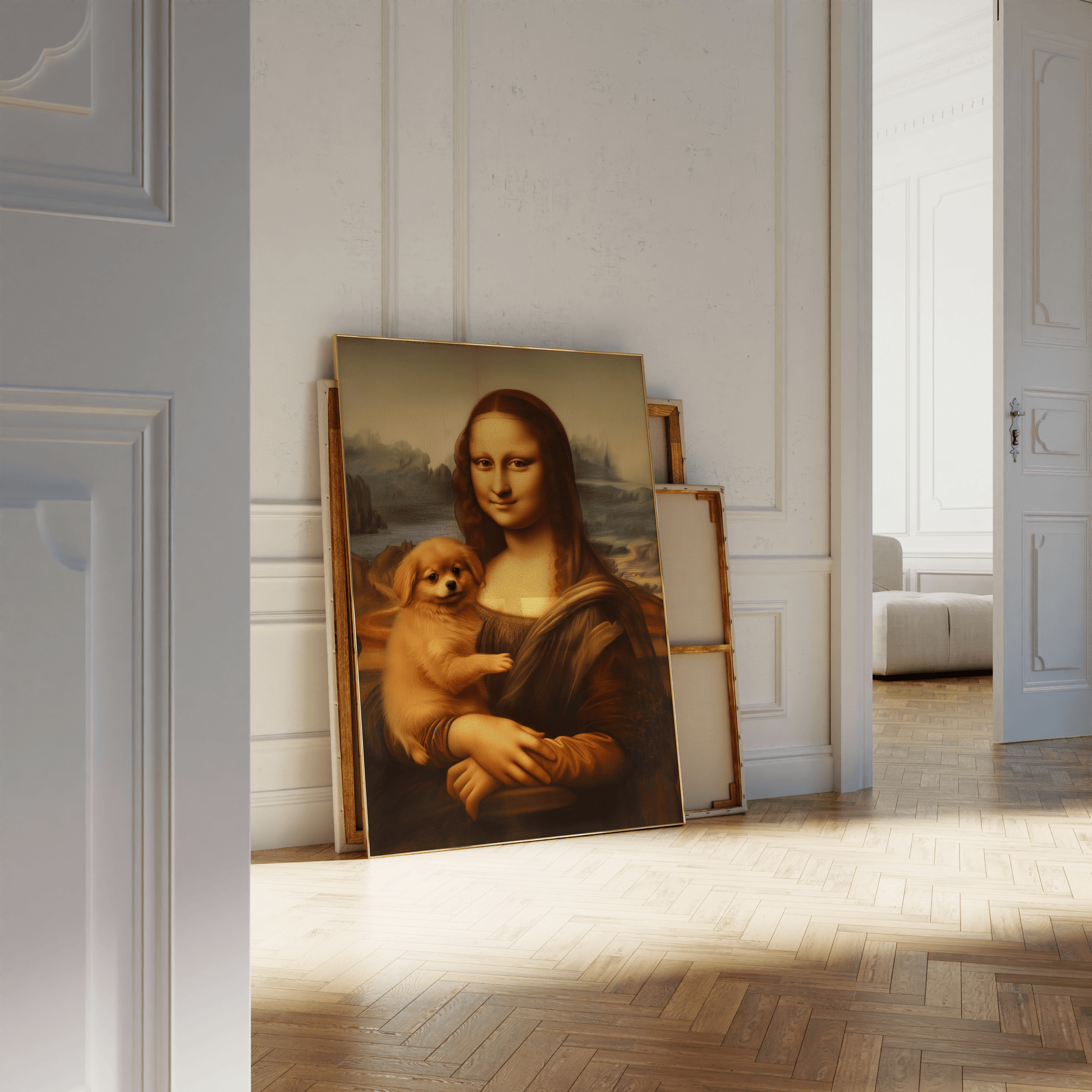 Painting of Mona Lisa holding a pomeranian puppy, leaning against a white bathroom wall - Paw Prints